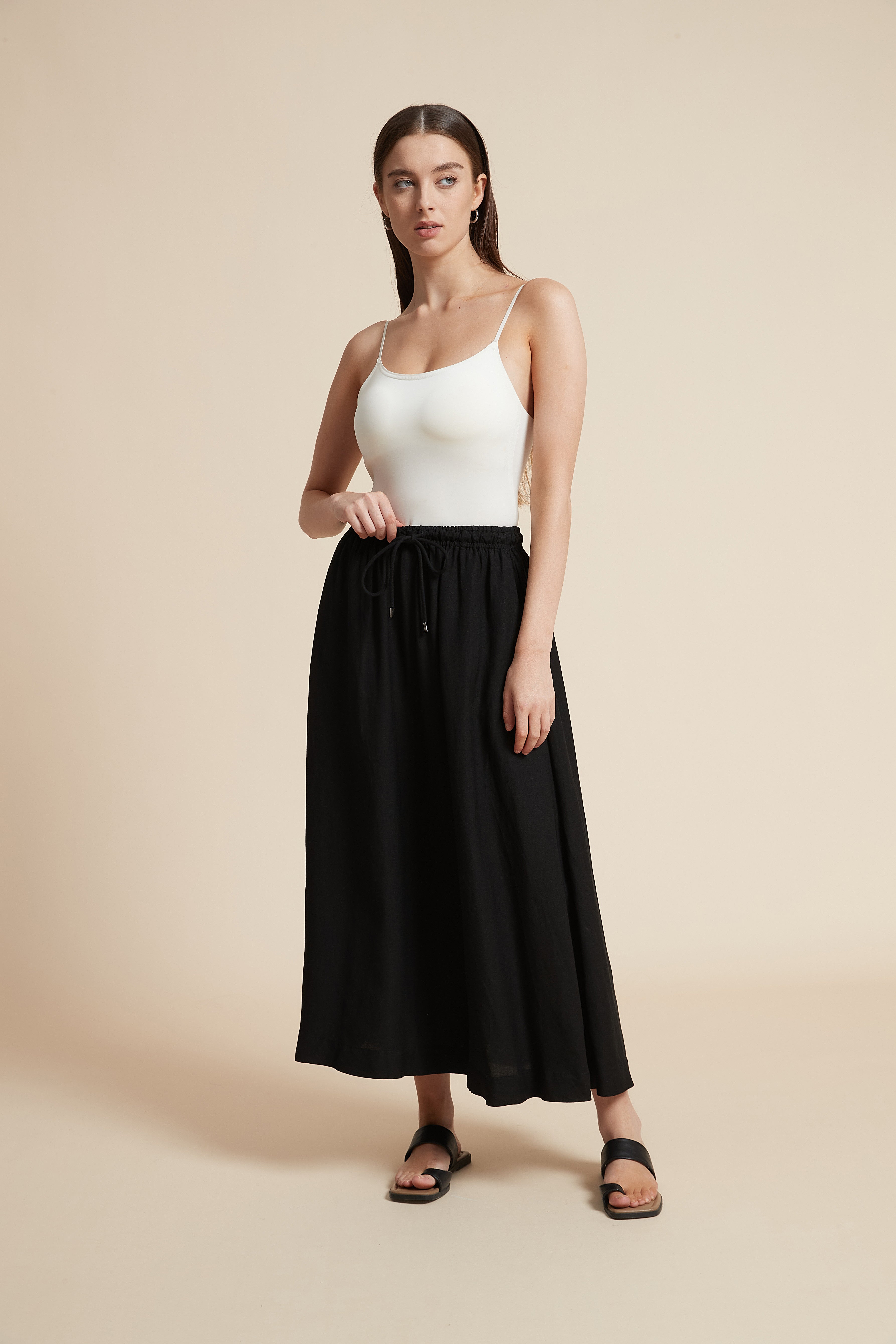 Plain Midi Skirt with Flared Cut and Waist Tie