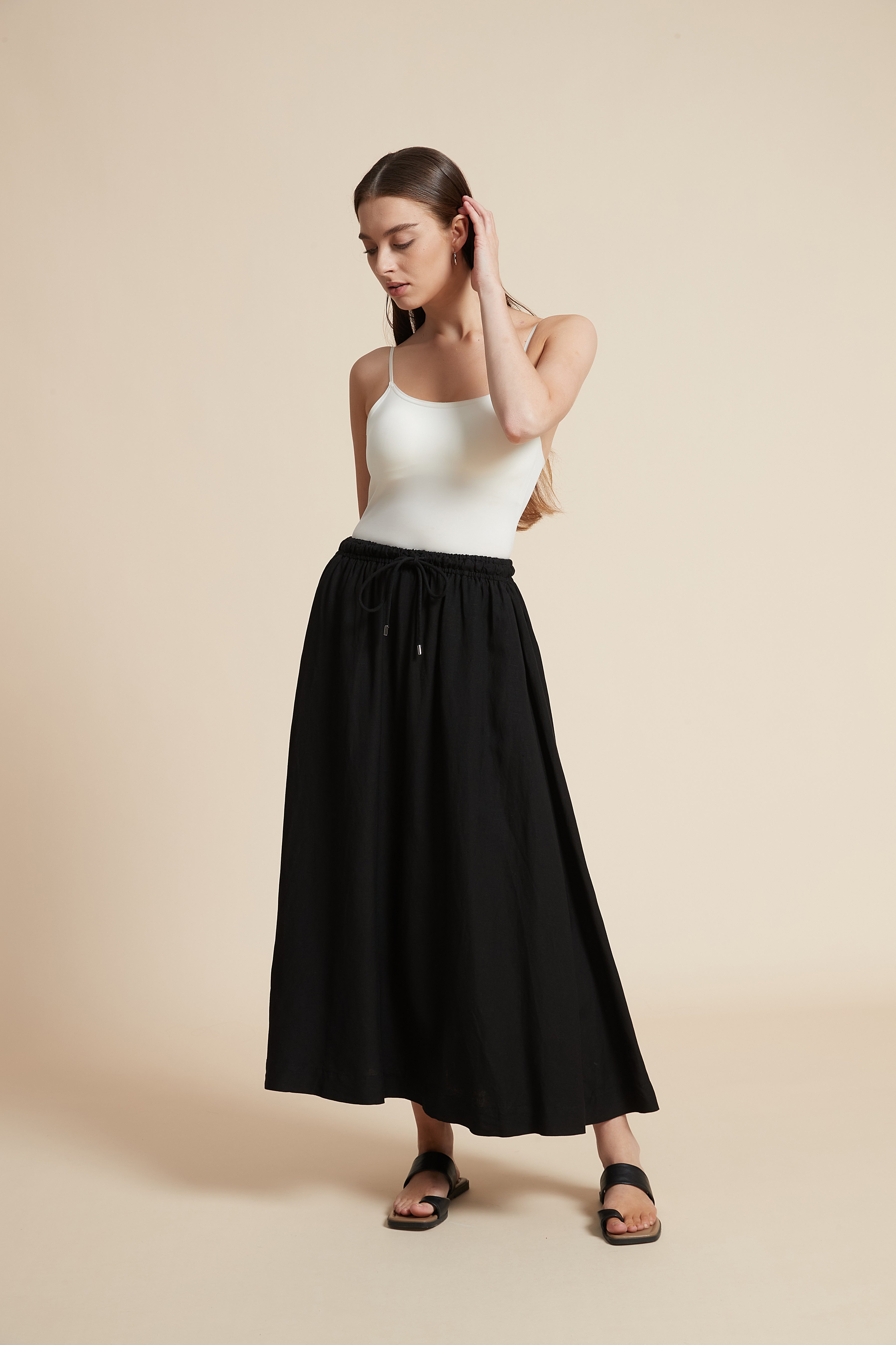 Plain Midi Skirt with Flared Cut and Waist Tie