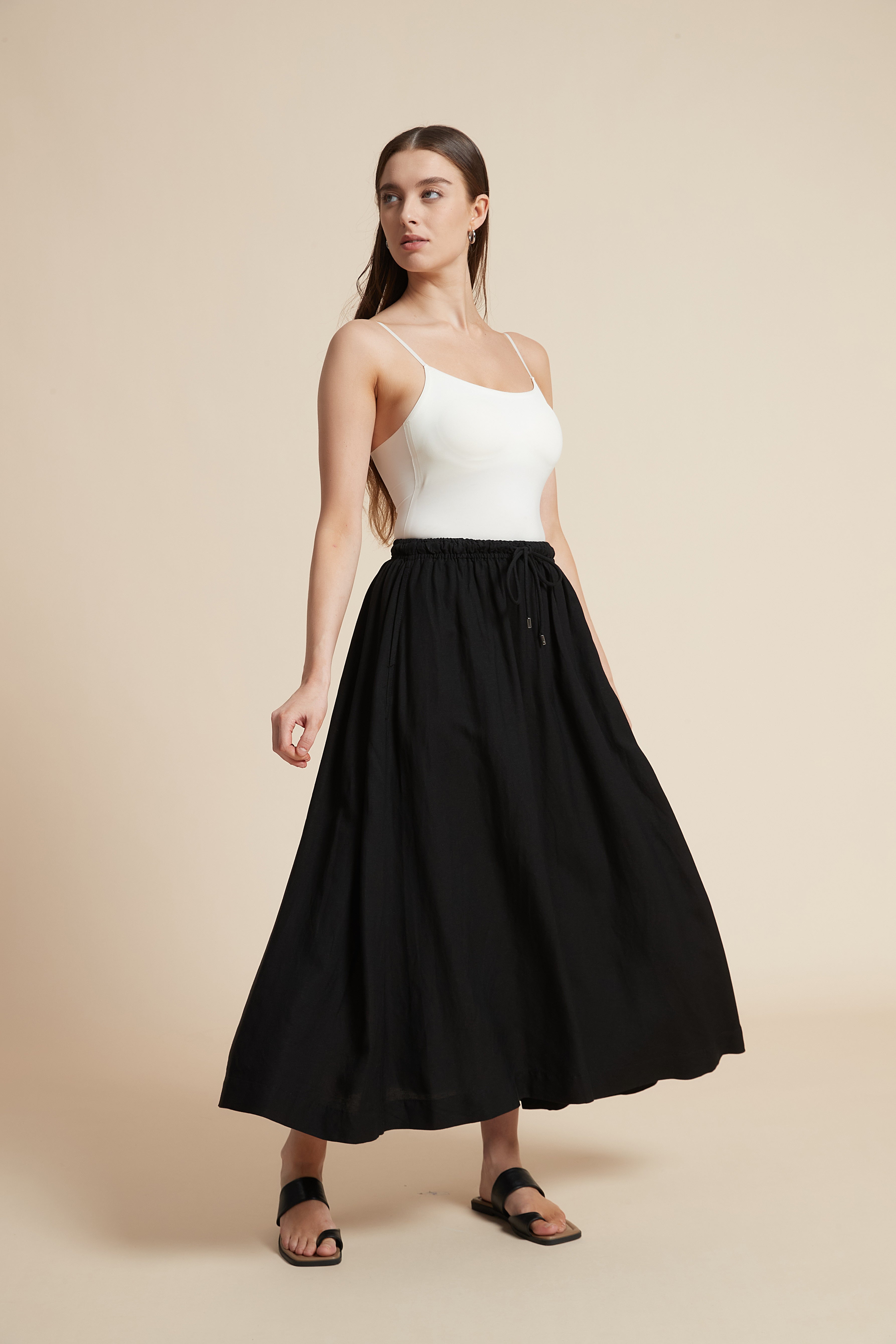 Plain Midi Skirt with Flared Cut and Waist Tie