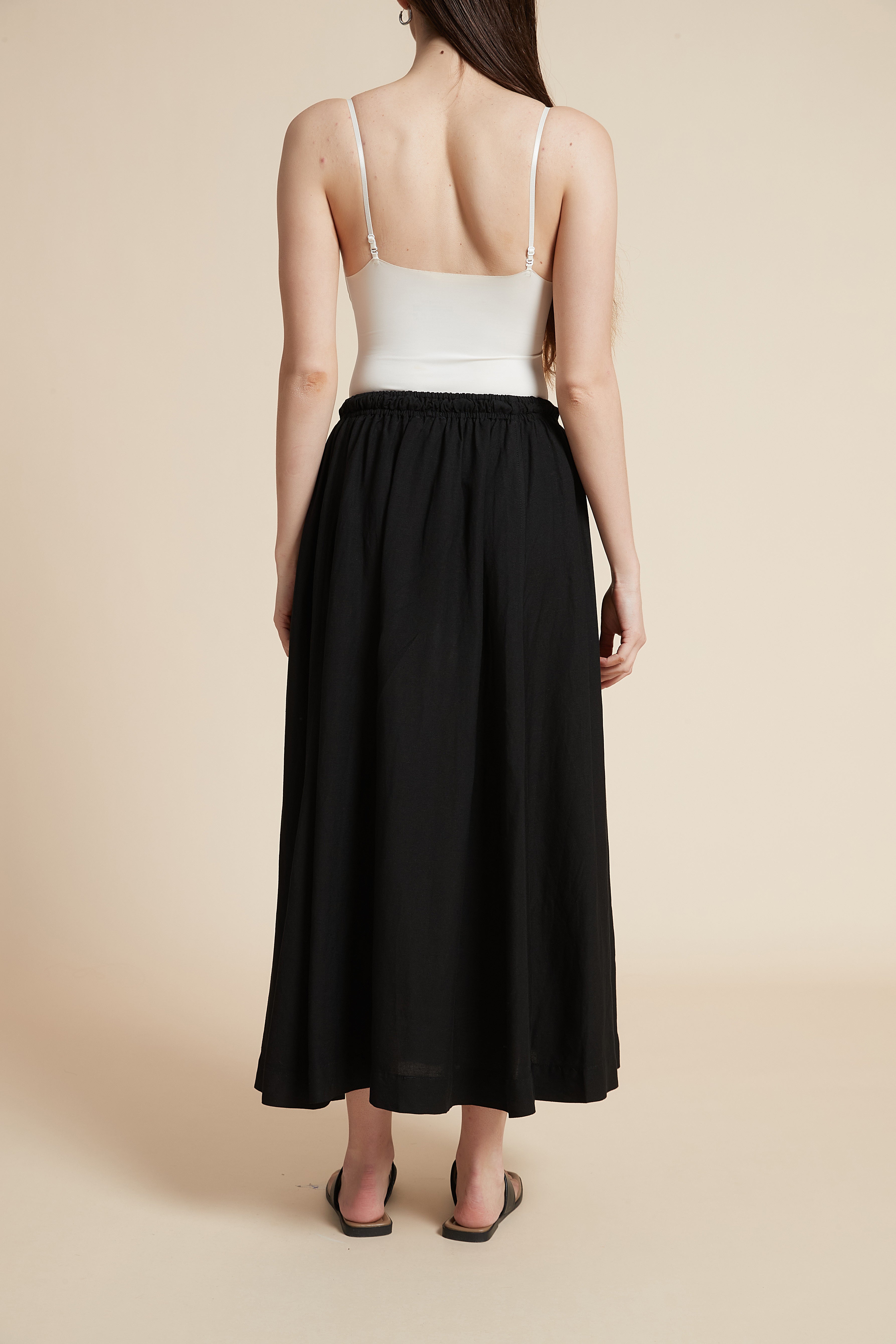 Plain Midi Skirt with Flared Cut and Waist Tie
