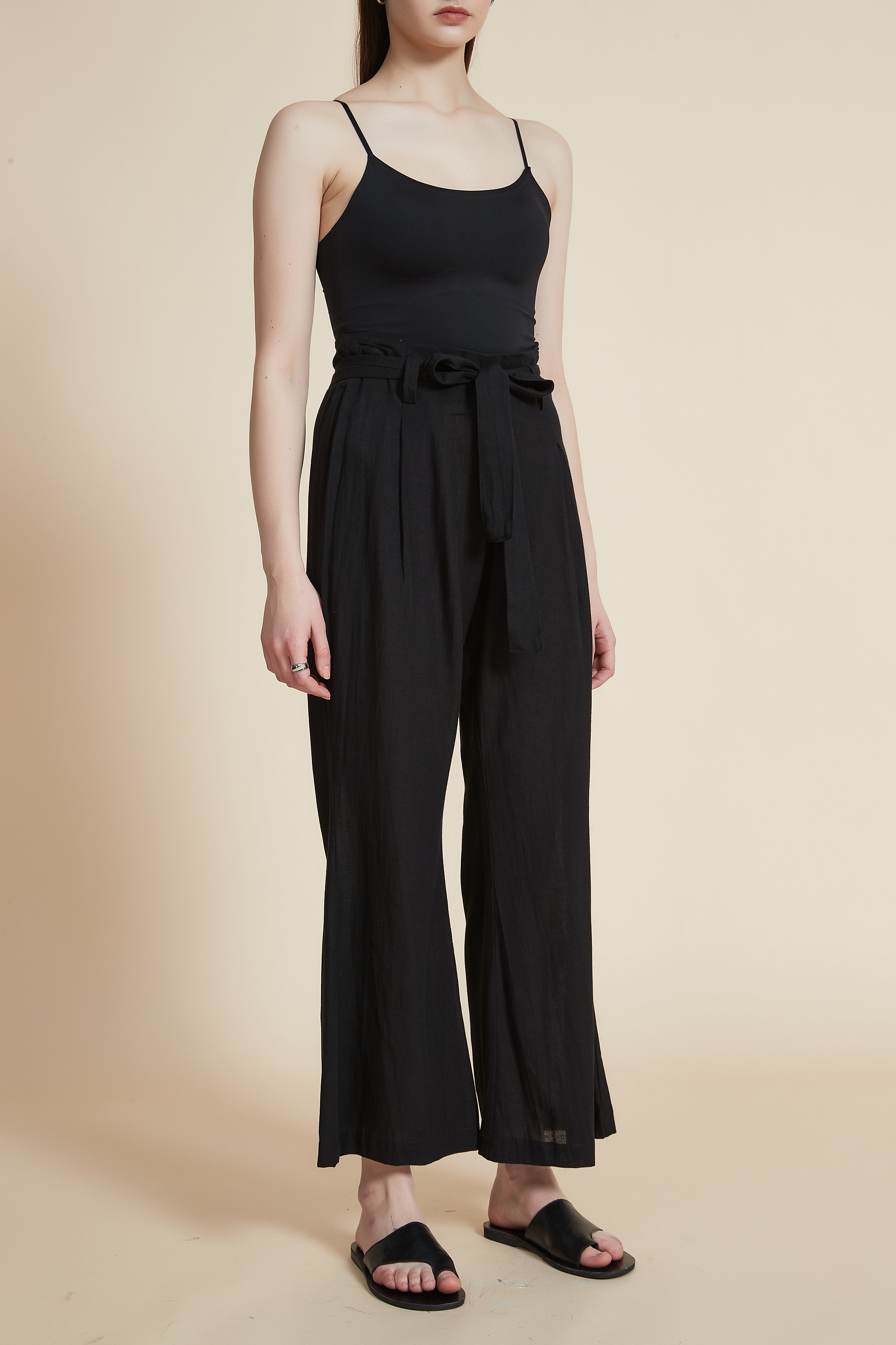 Wide-Leg Pleated Pants with Waist Belt