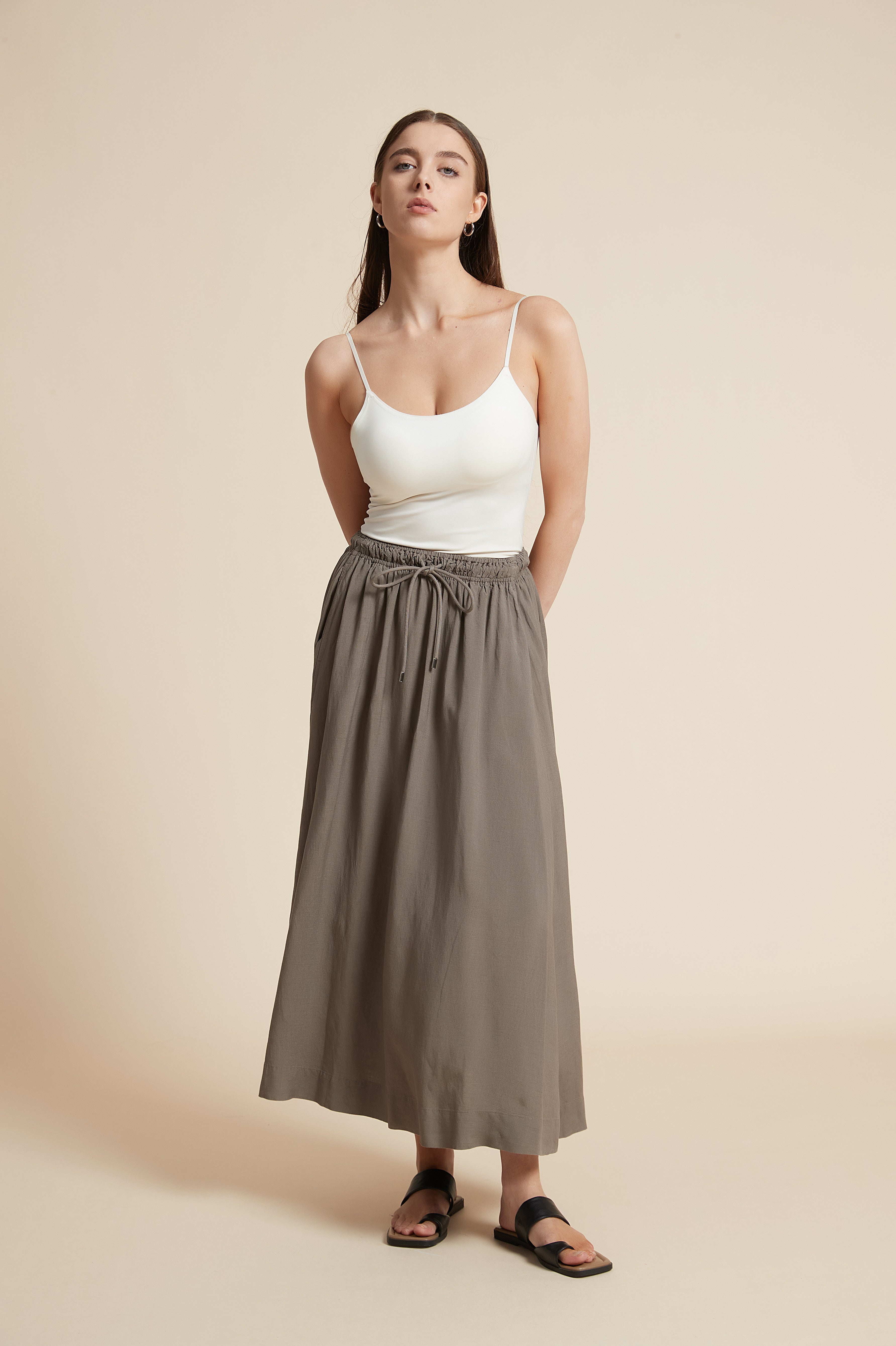Plain Midi Skirt with Flared Cut and Waist Tie
