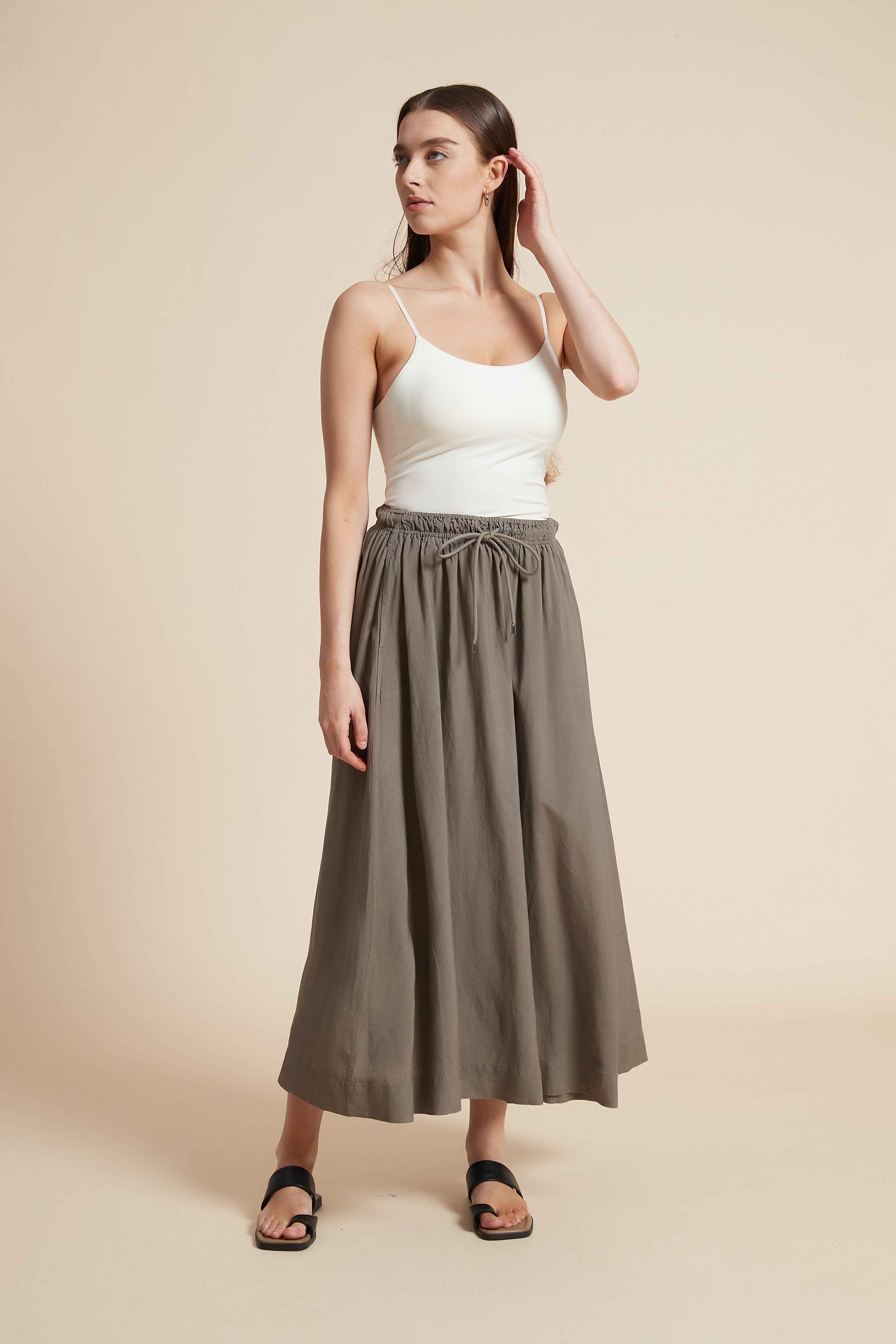 Plain Midi Skirt with Flared Cut and Waist Tie