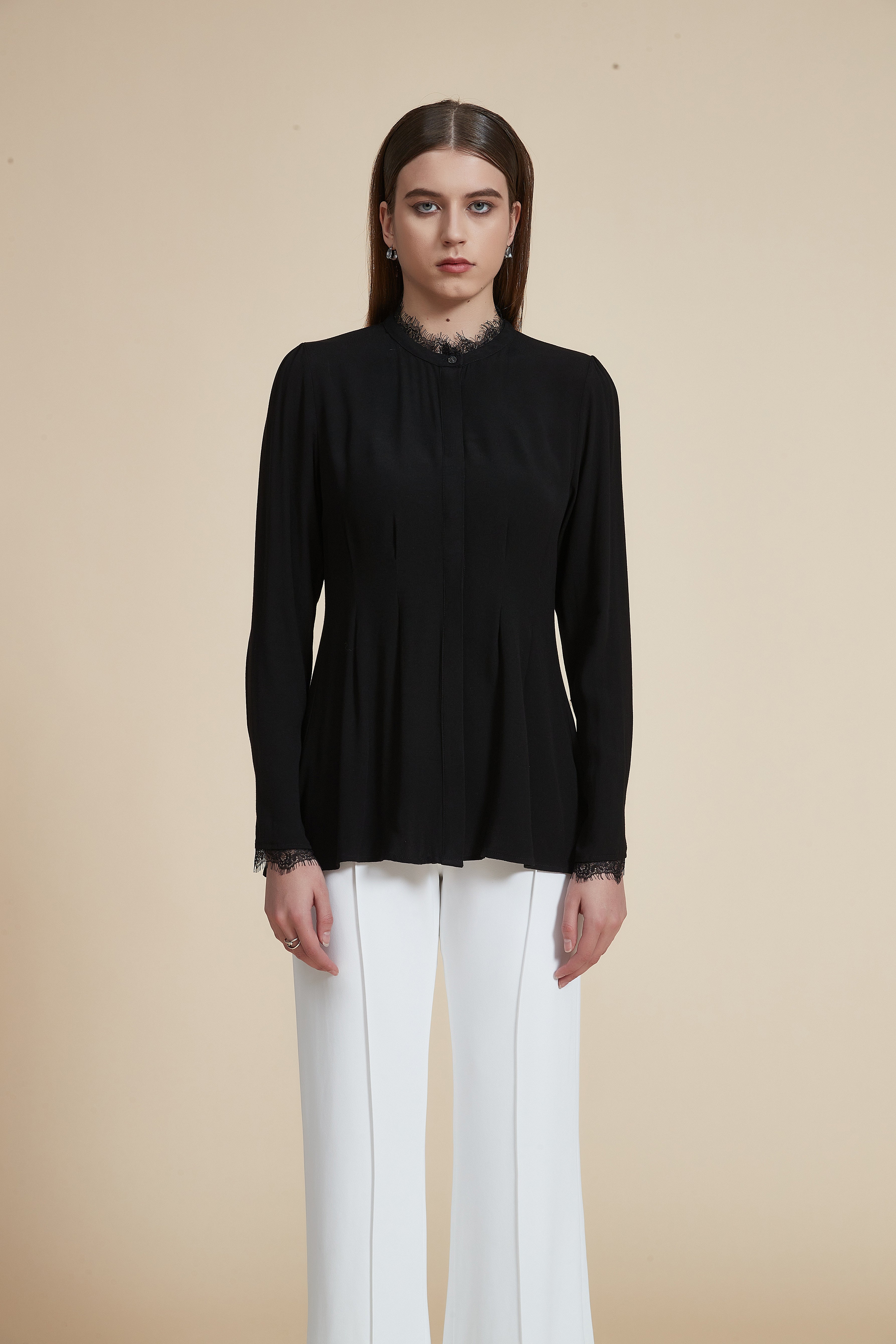Solid Long Sleeve Ruffled Hip-Length Blouse