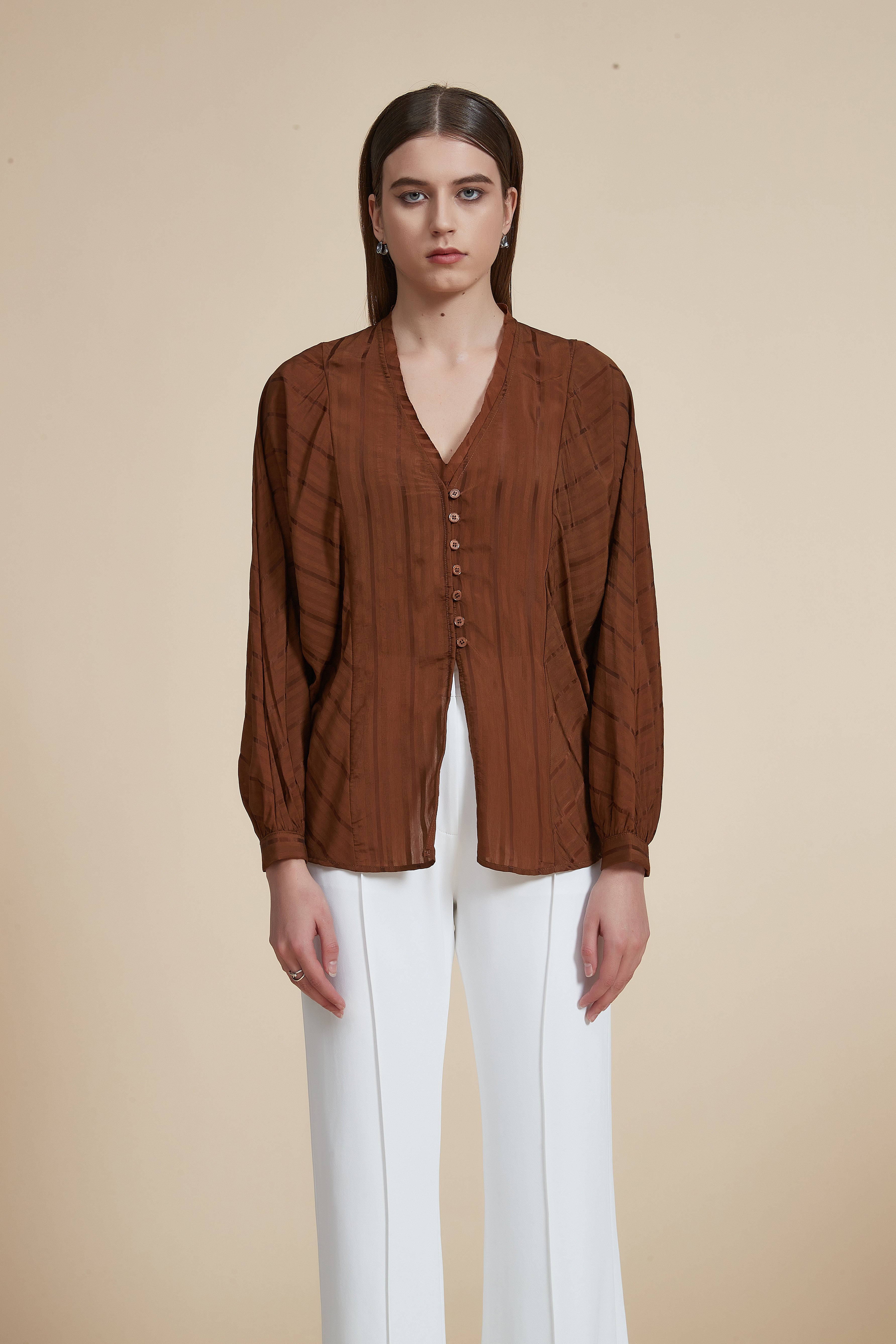 Hip-Length Long Sleeve V-Neck Blouse with Opening