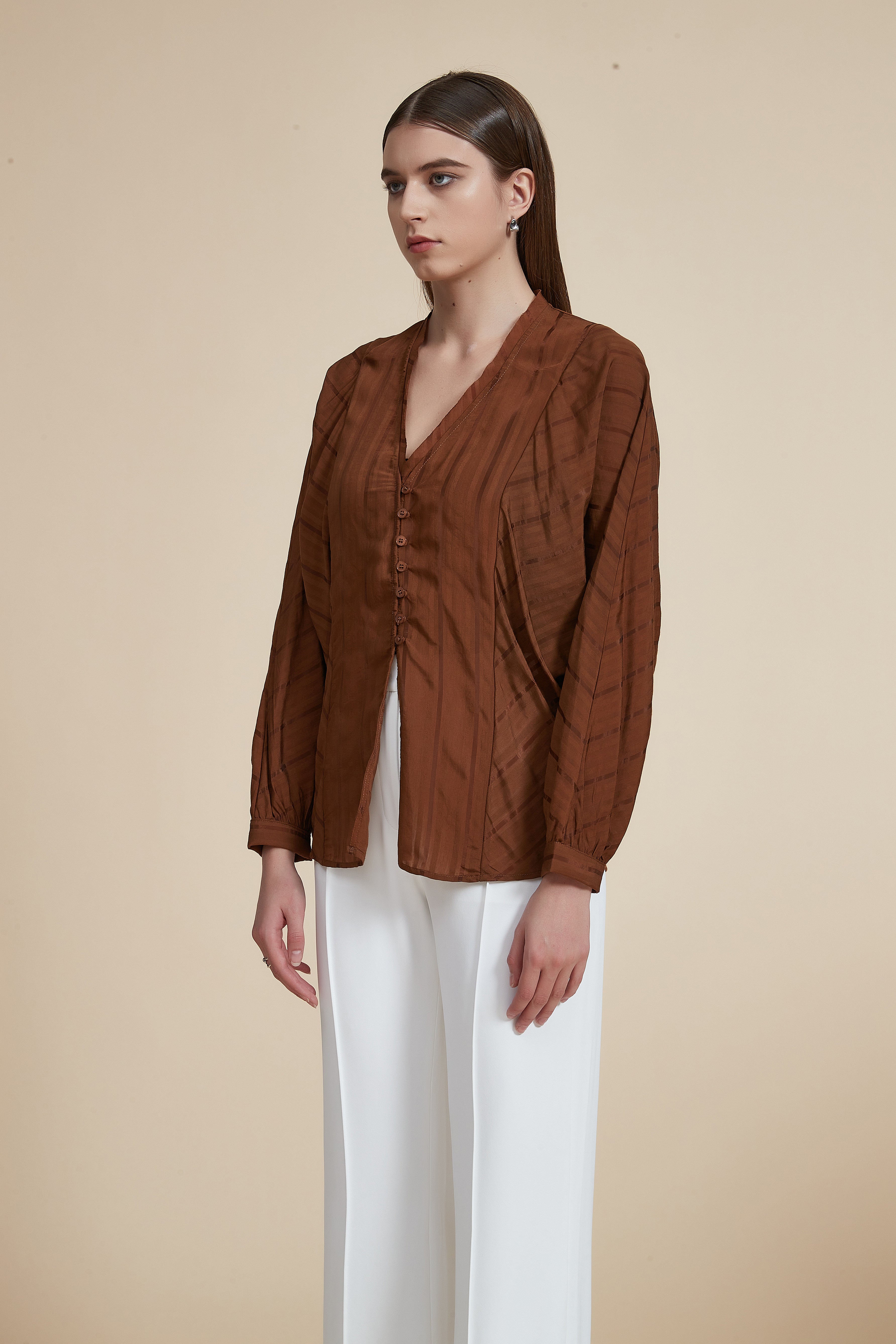 Hip-Length Long Sleeve V-Neck Blouse with Opening