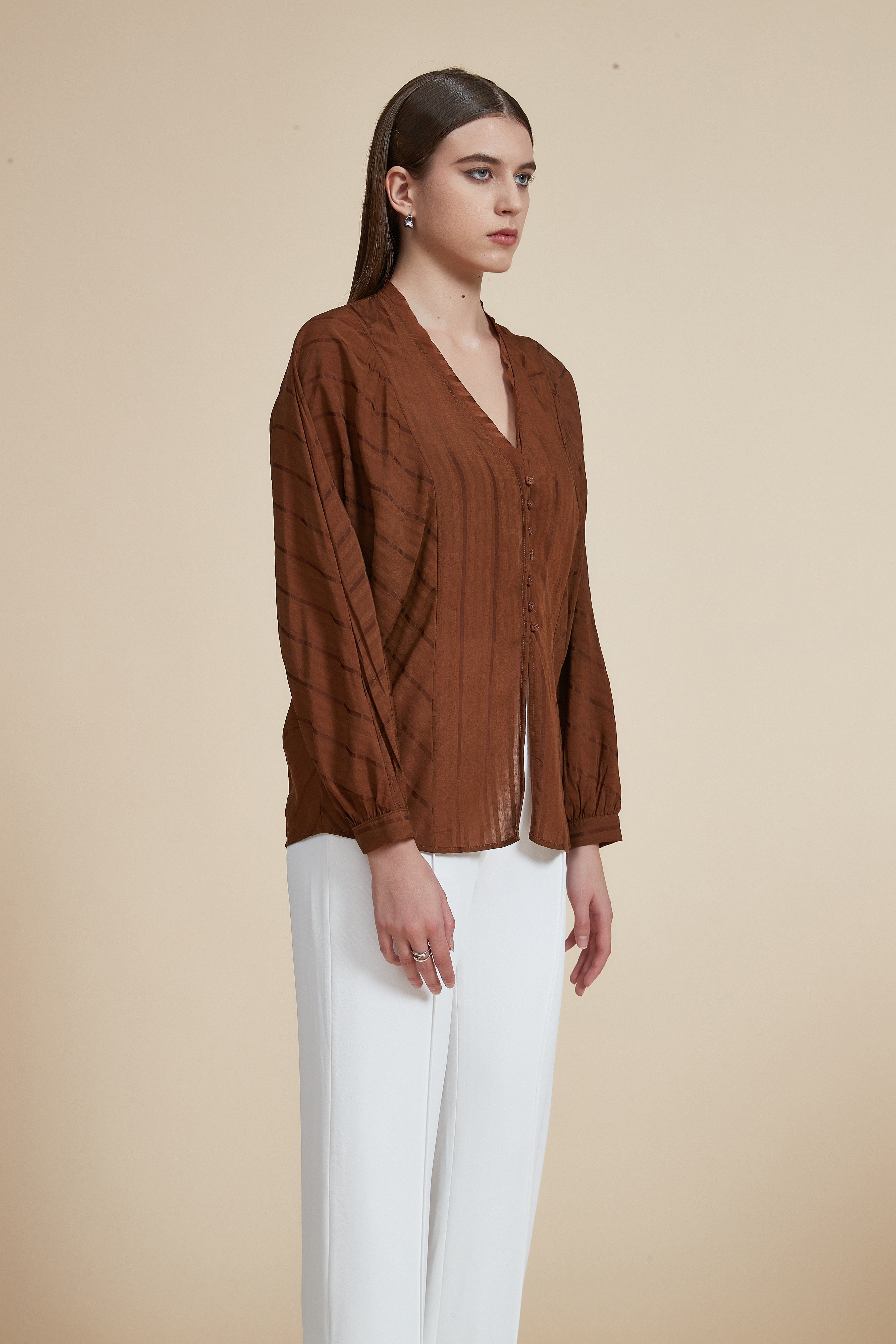 Hip-Length Long Sleeve V-Neck Blouse with Opening