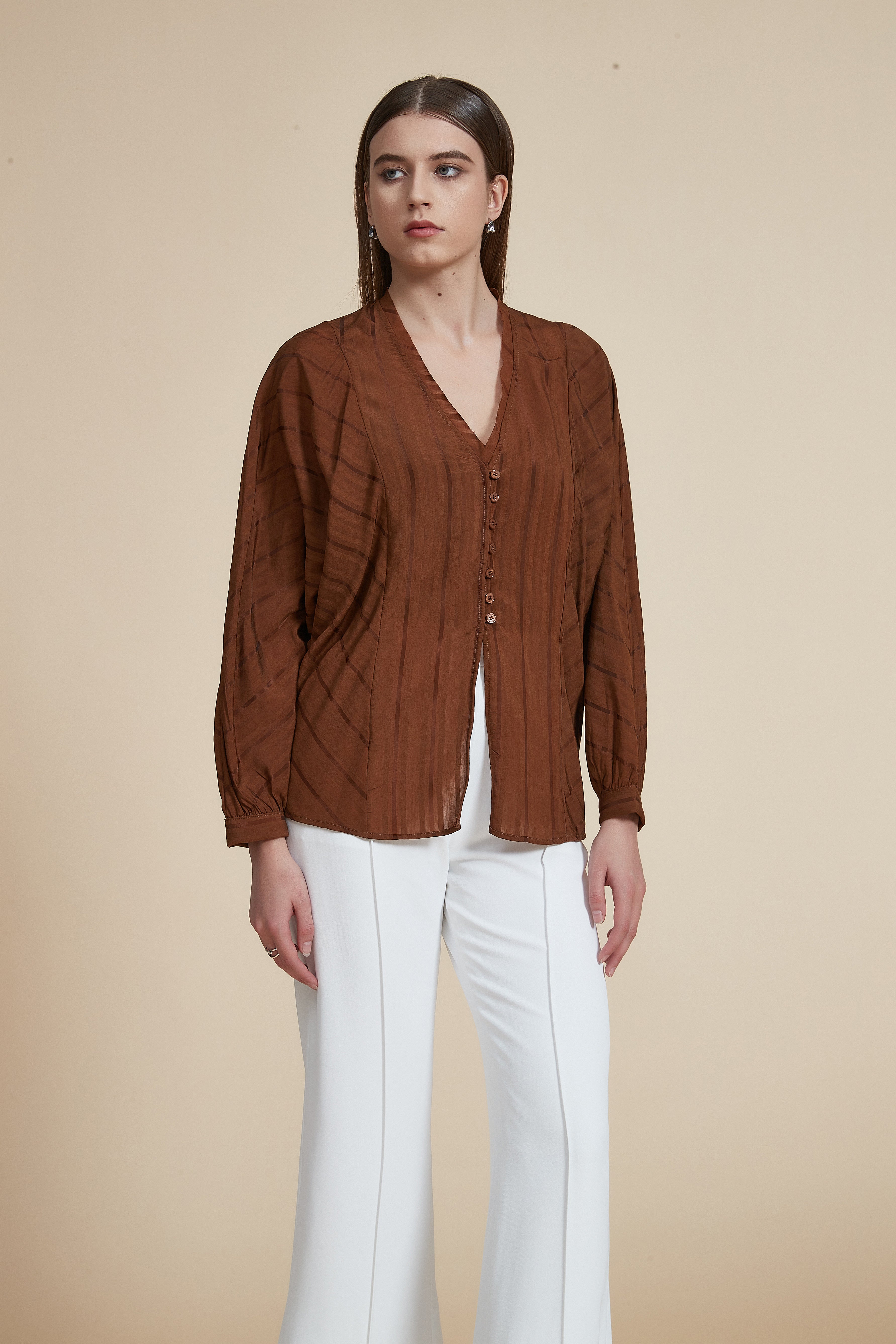 Hip-Length Long Sleeve V-Neck Blouse with Opening
