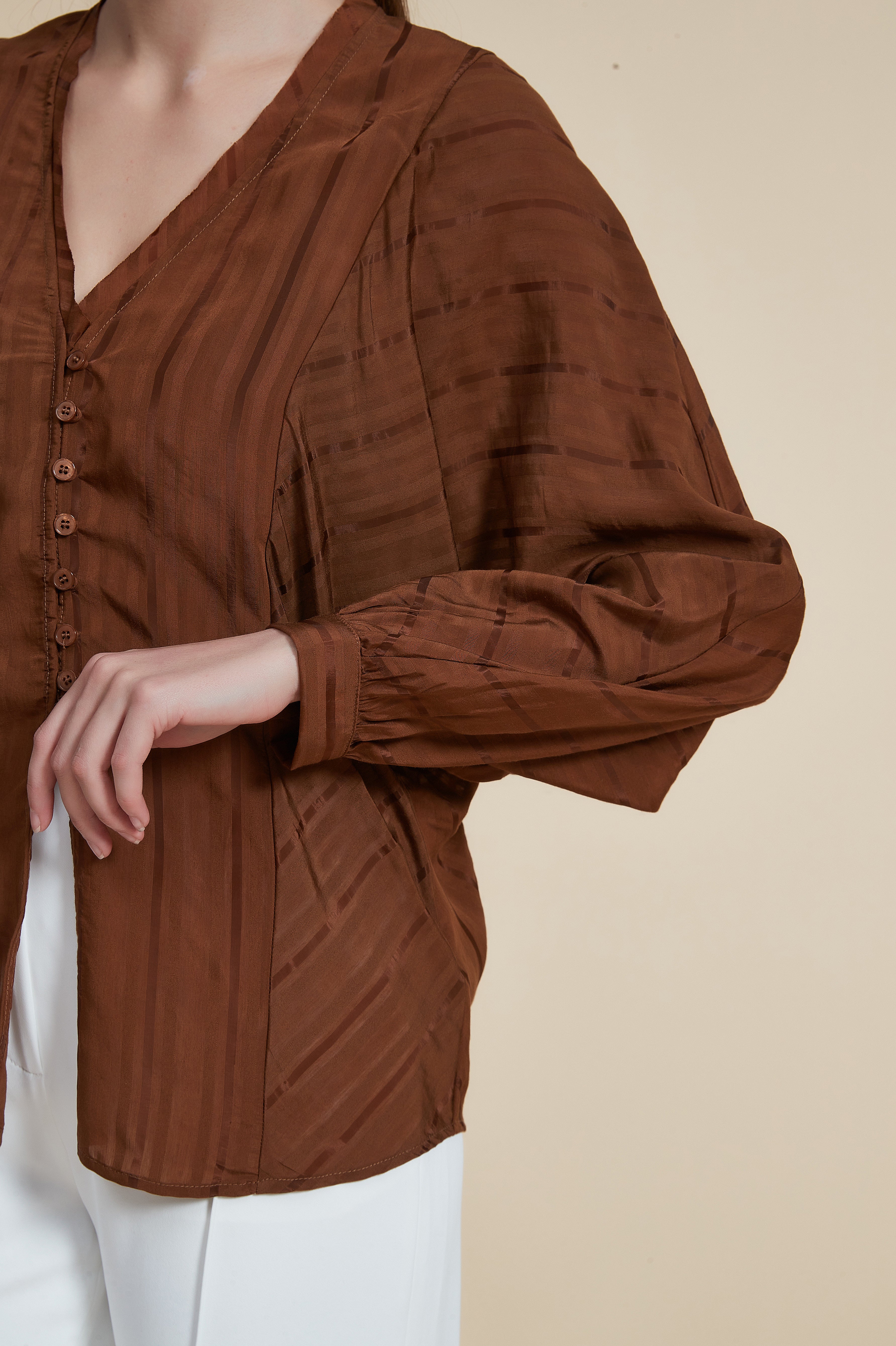 Hip-Length Long Sleeve V-Neck Blouse with Opening