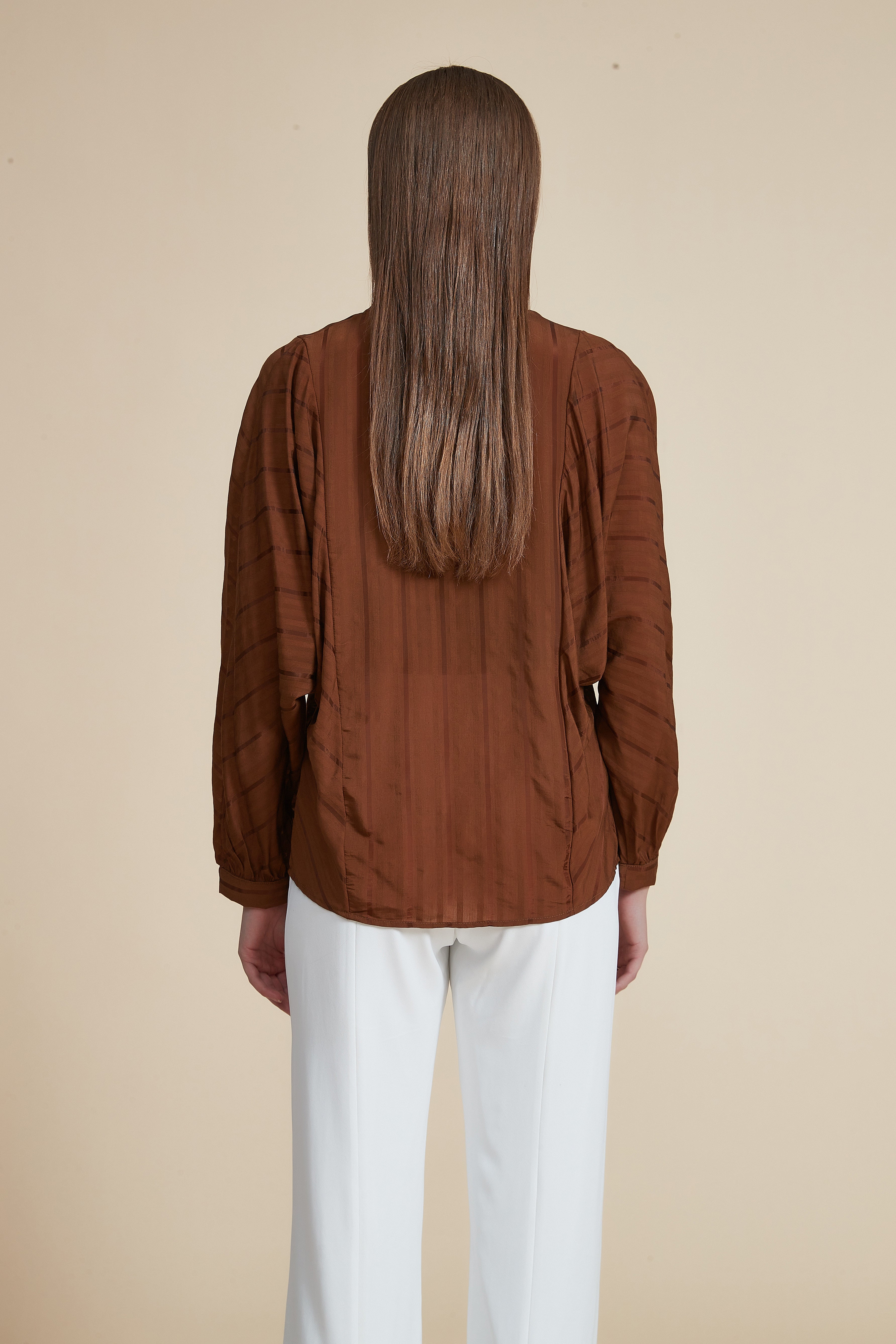 Hip-Length Long Sleeve V-Neck Blouse with Opening