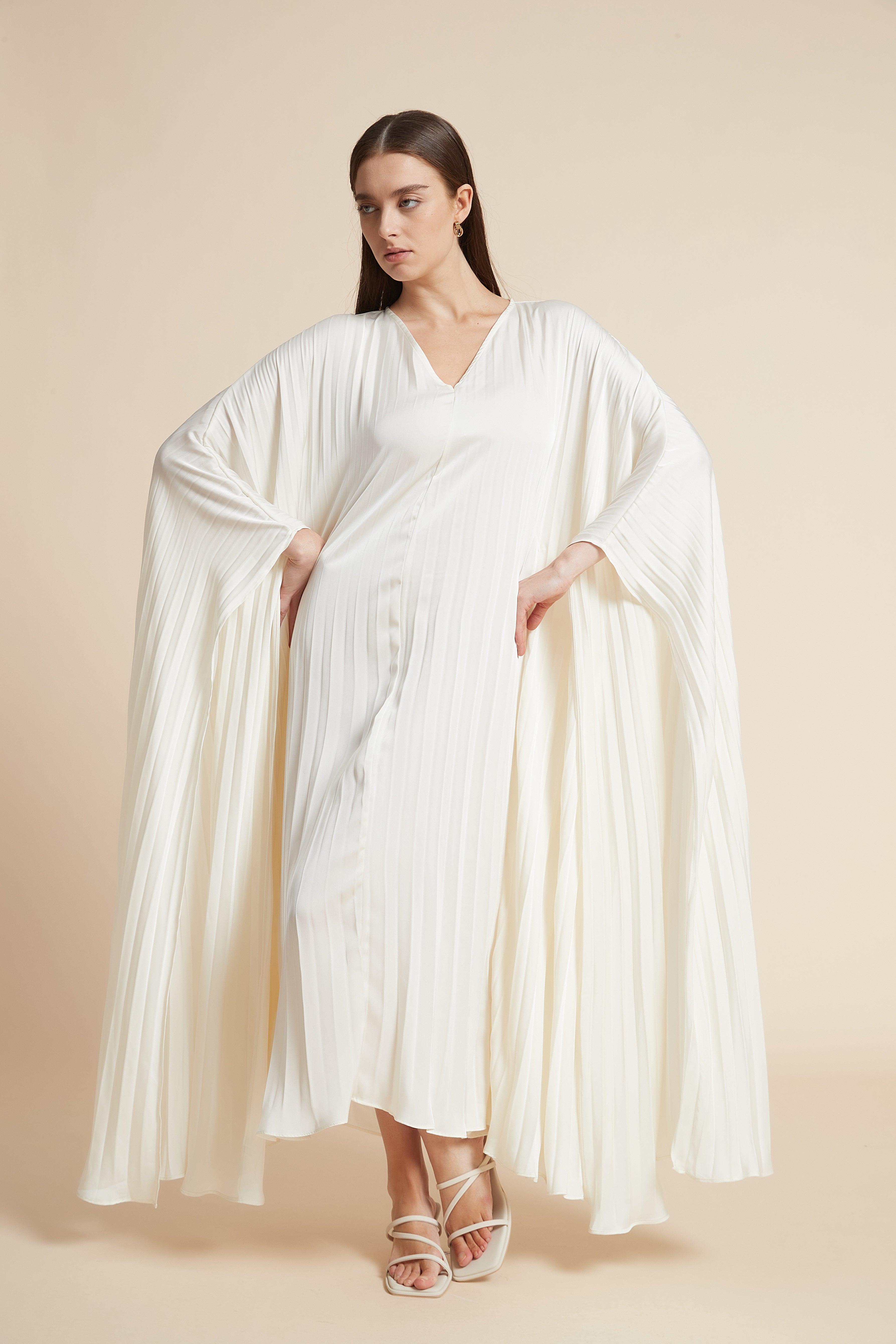 Long Ribbed Dress with Wide Long Sleeves and V-Neck