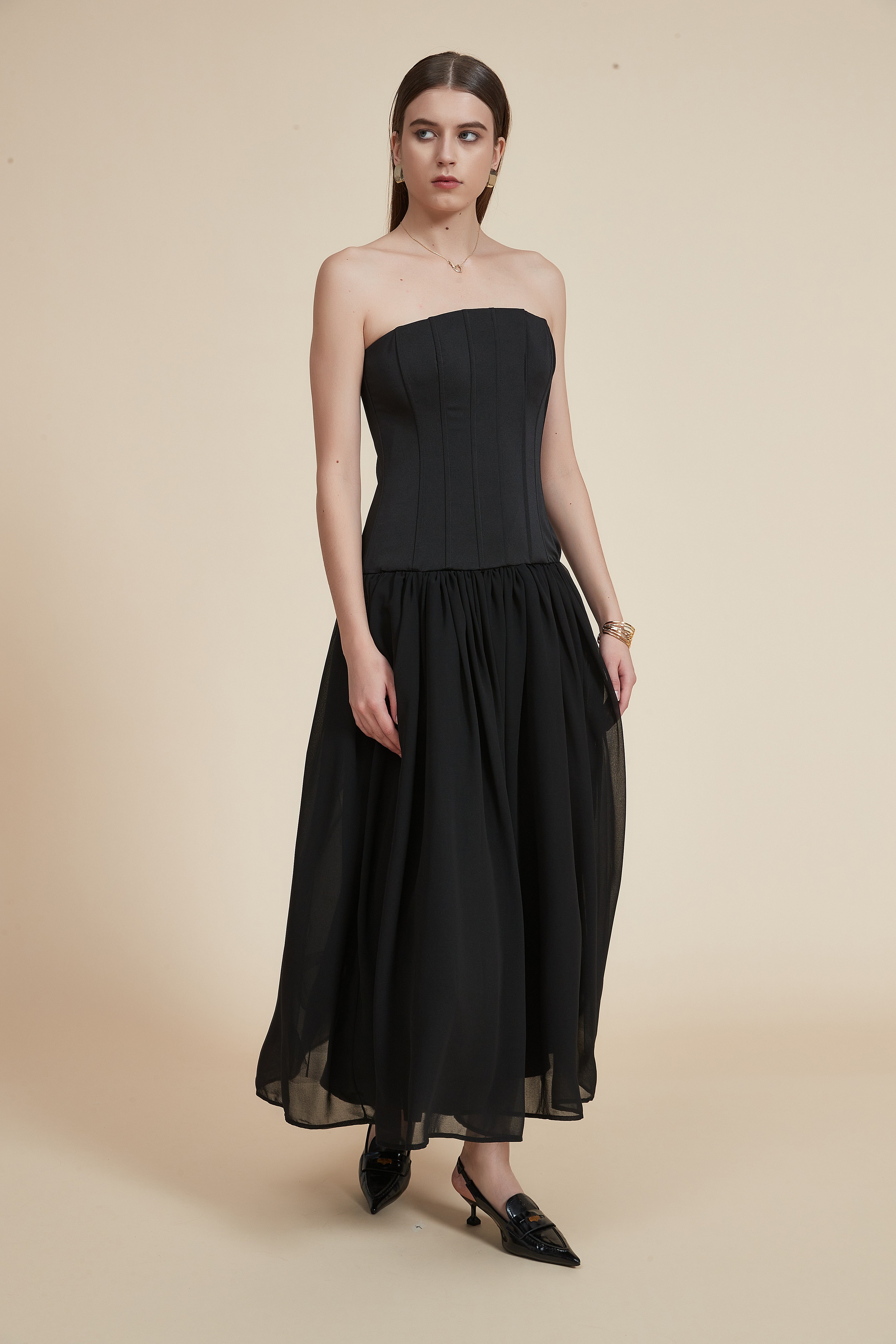 Long Ruffled Cape Dress