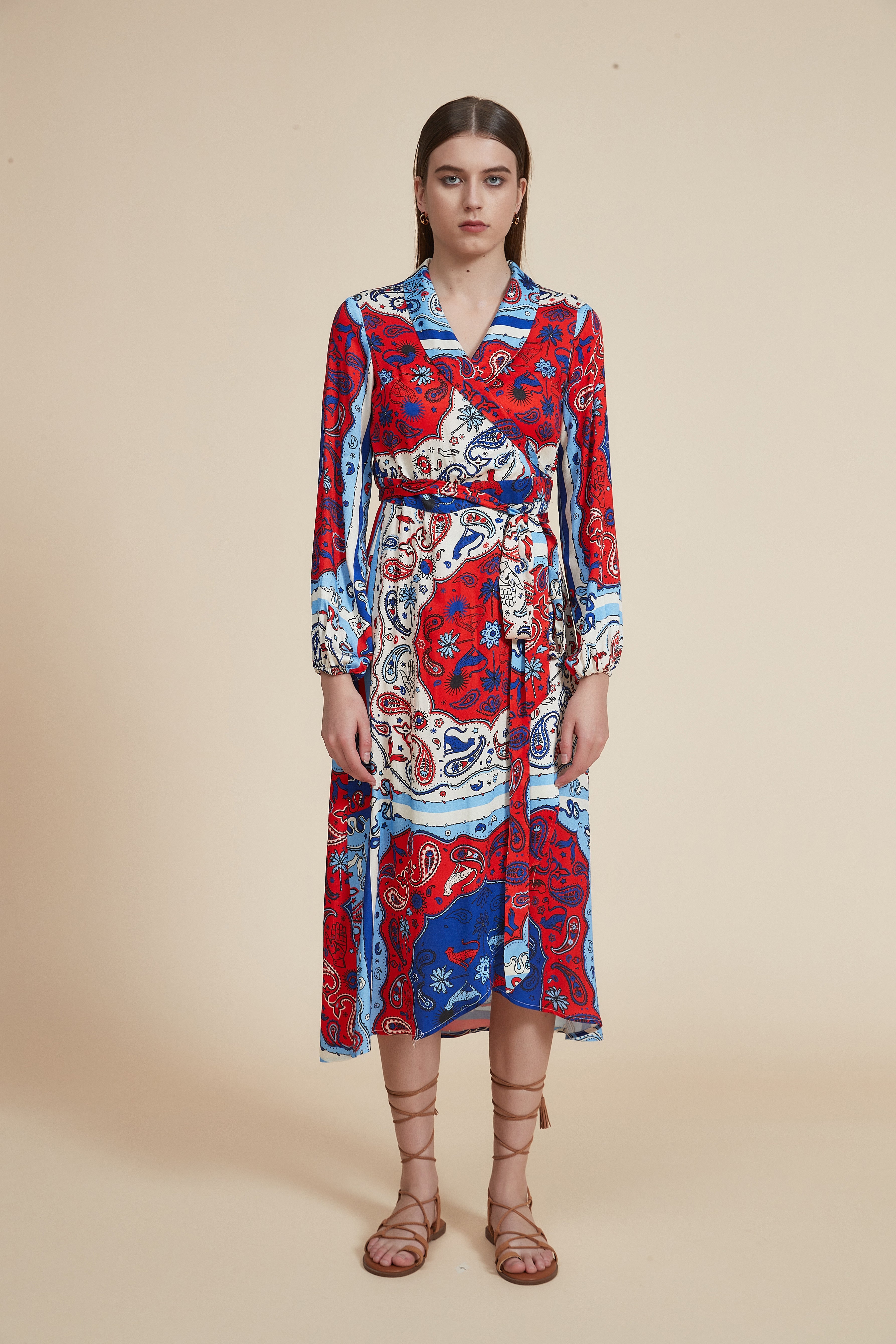 Knee-Length Printed Dress with Long Sleeves and V-Neck