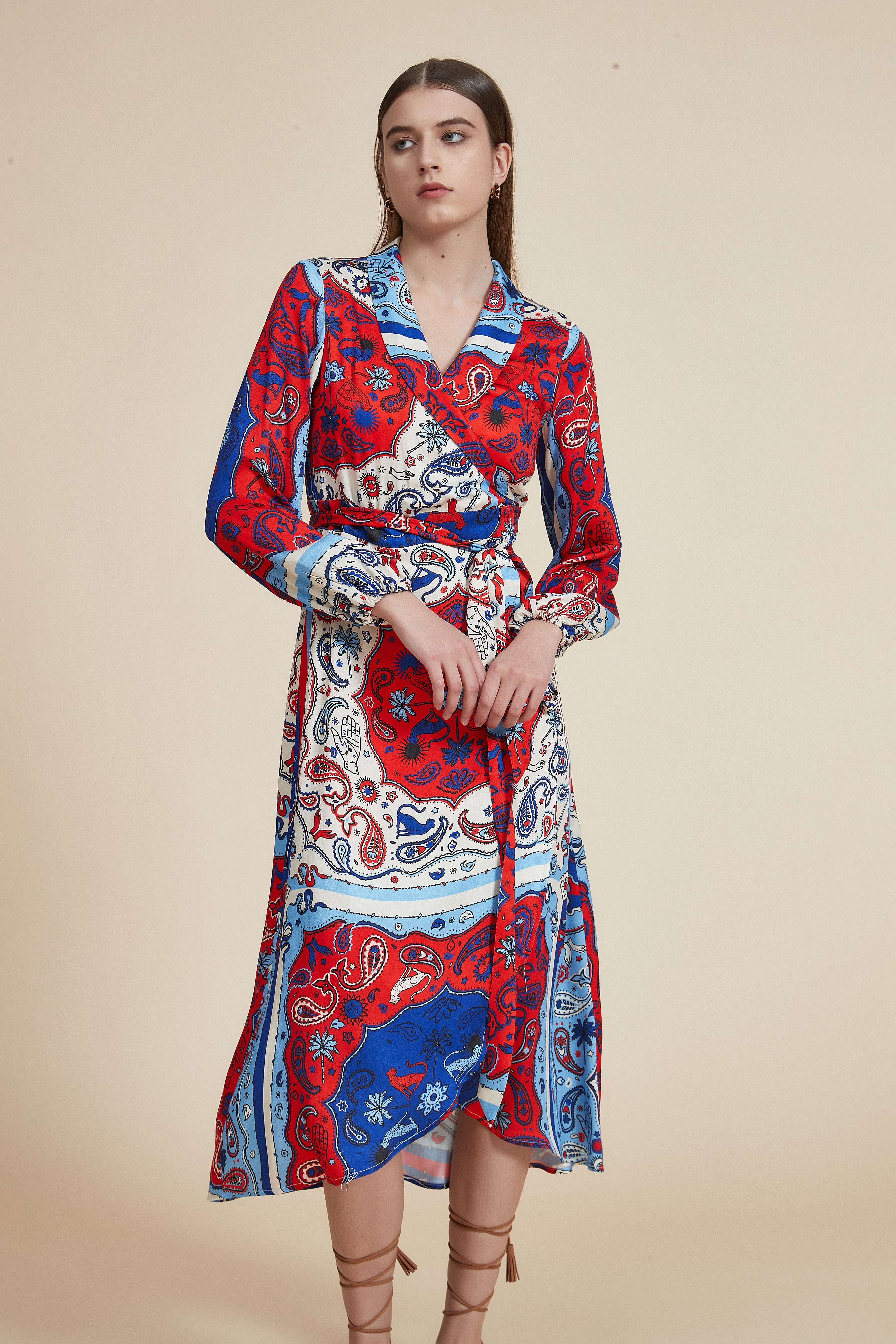 Knee-Length Printed Dress with Long Sleeves and V-Neck