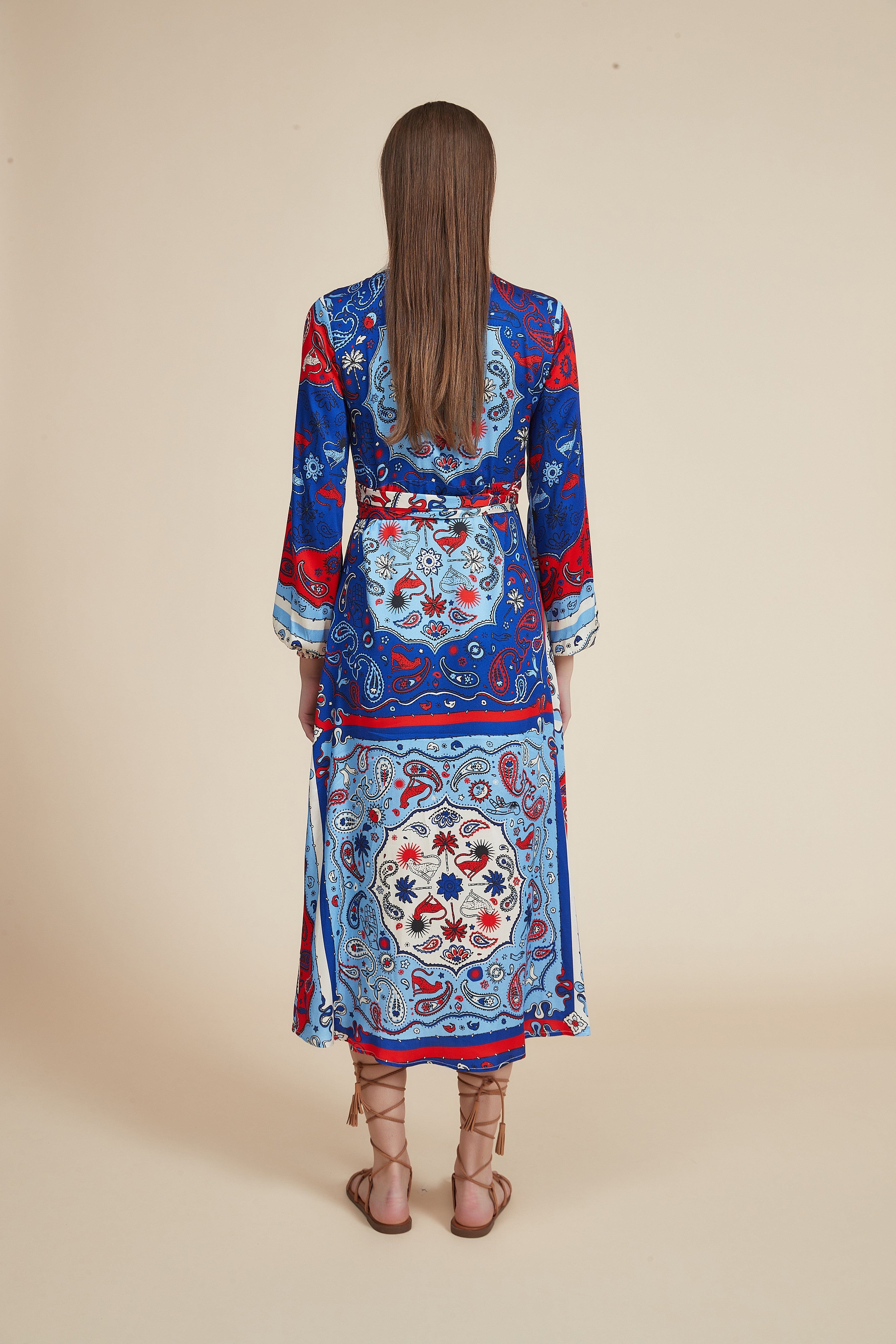 Knee-Length Printed Dress with Long Sleeves and V-Neck