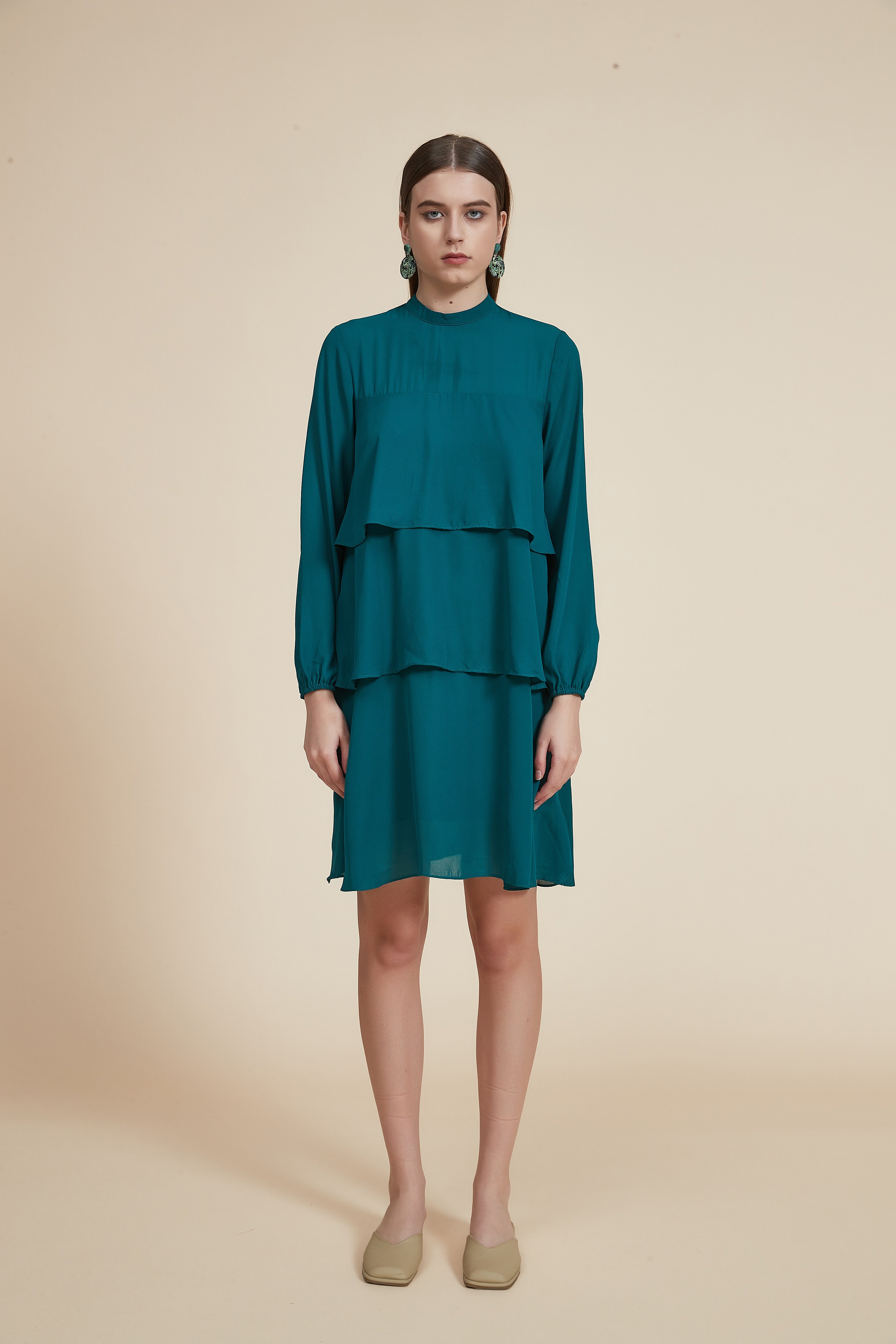 Plain Long Sleeve Layered Short Dress