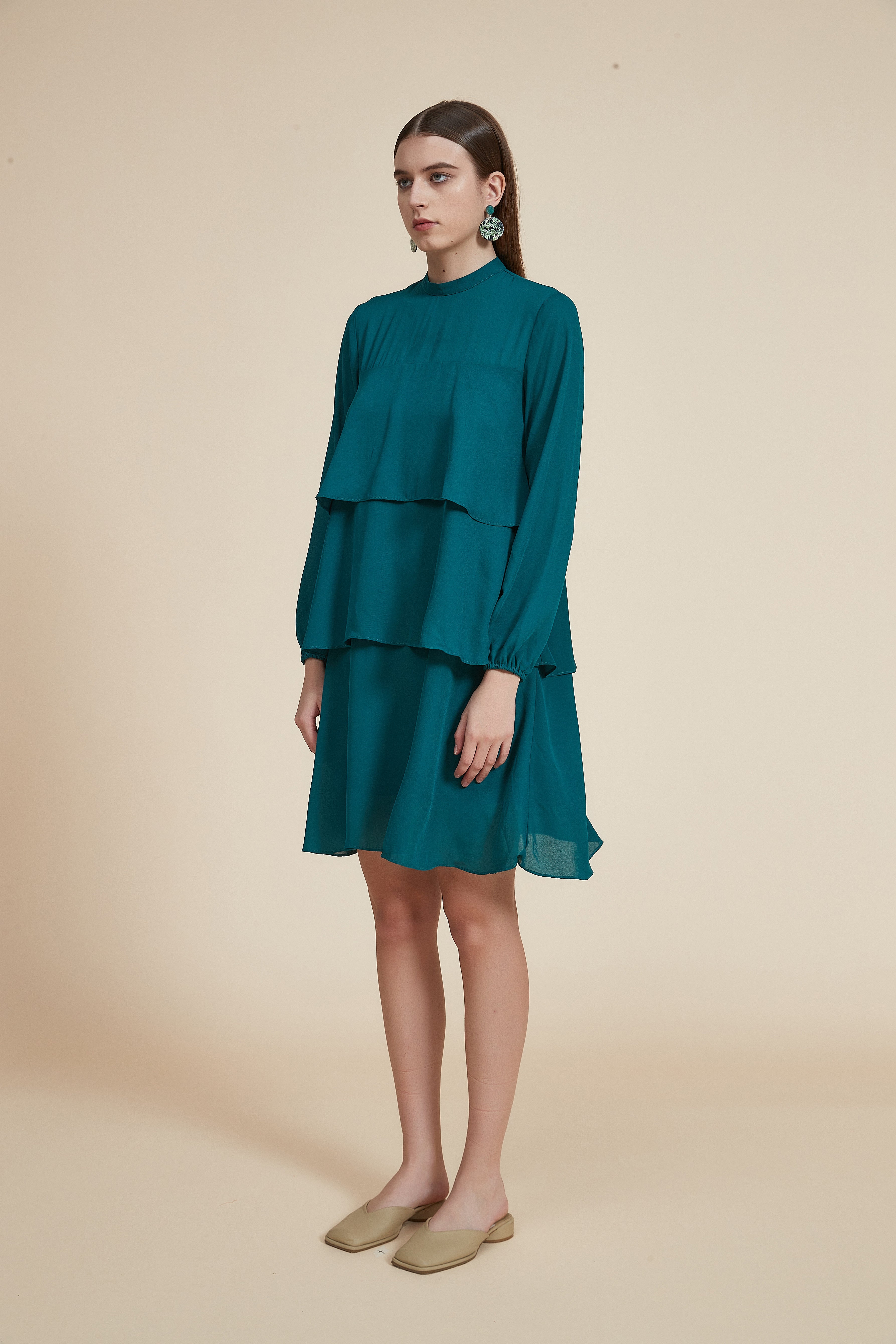 Plain Long Sleeve Layered Short Dress