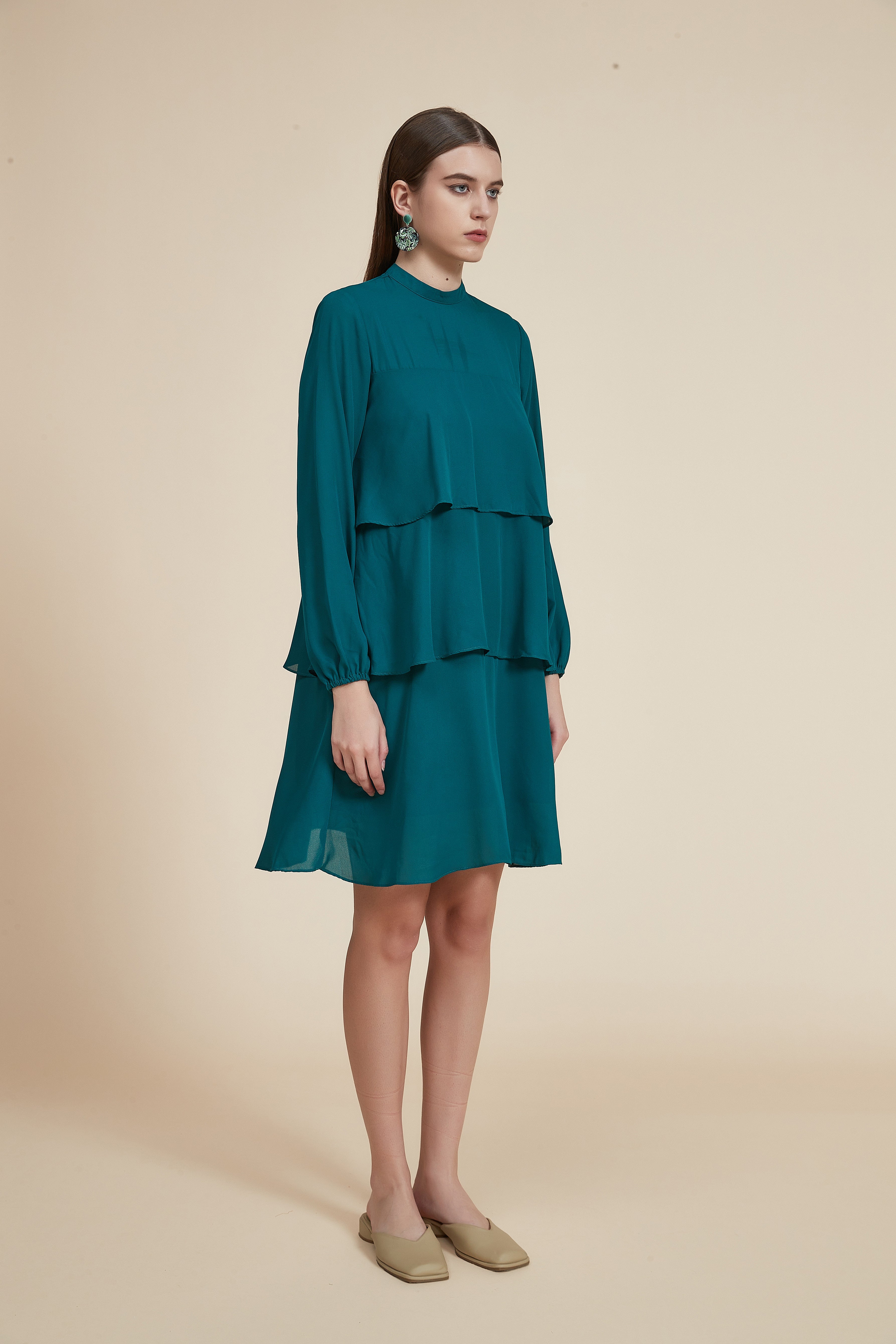 Plain Long Sleeve Layered Short Dress