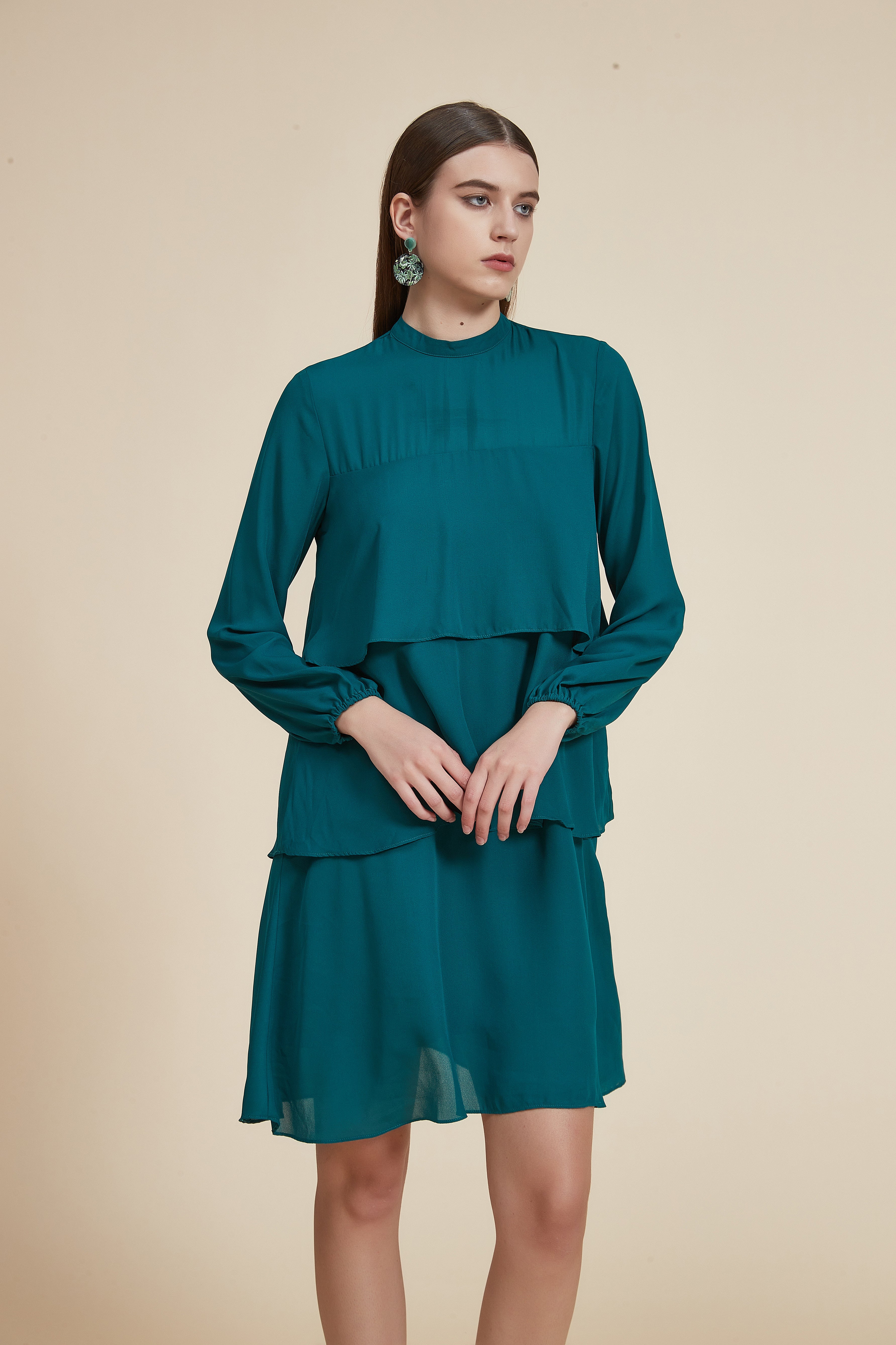 Plain Long Sleeve Layered Short Dress