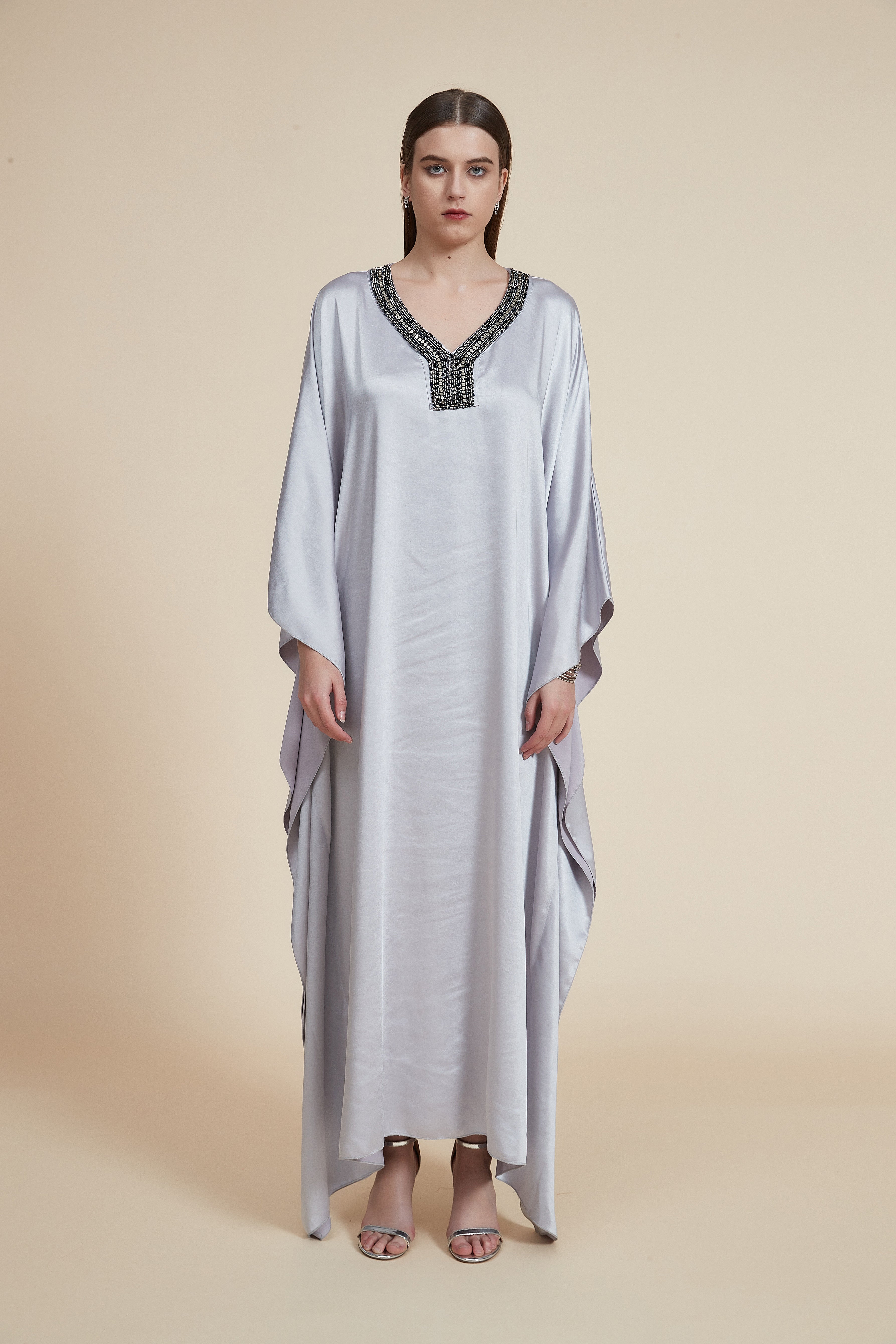 Long Dress with Long Sleeves and V-Neck