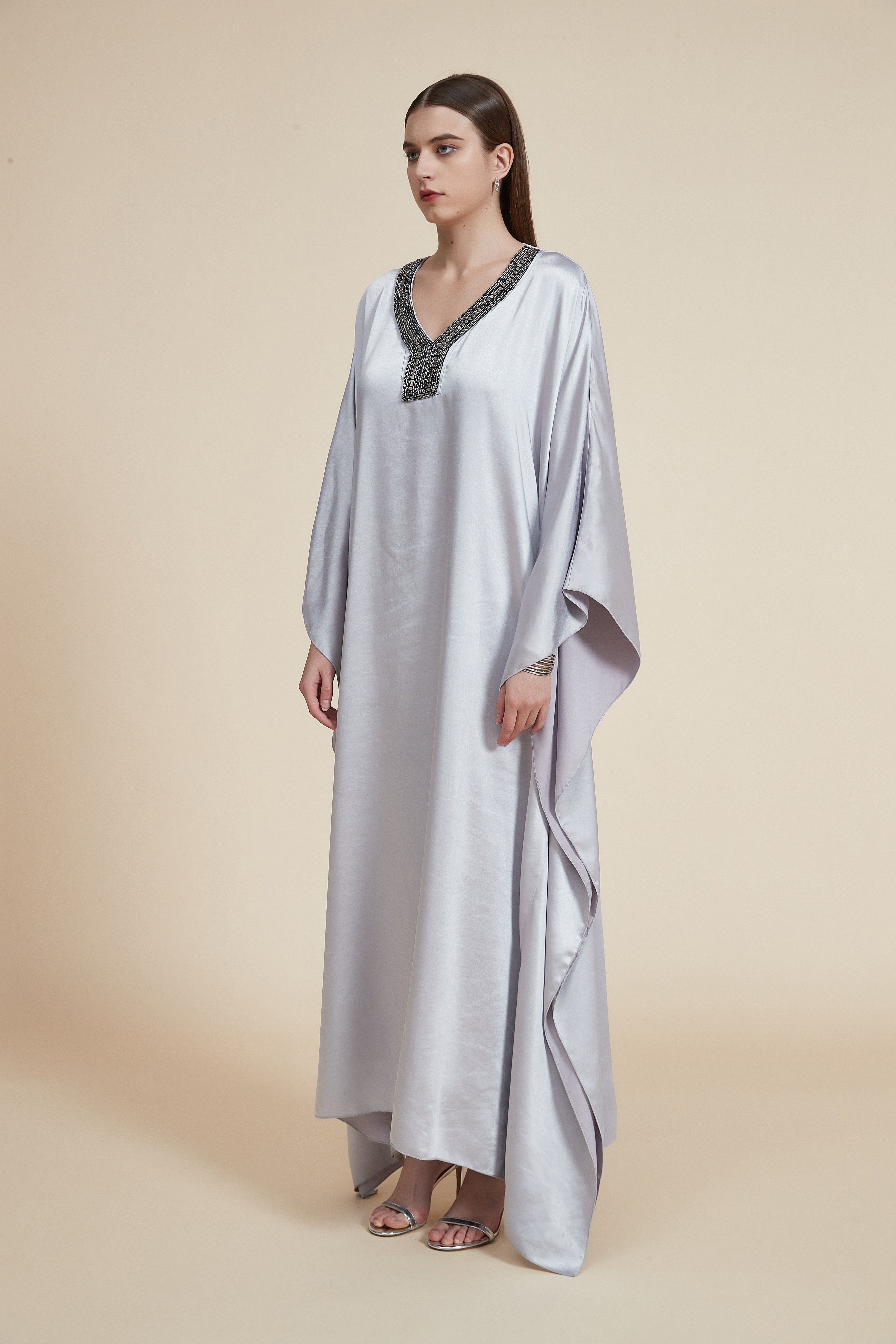 Long Dress with Long Sleeves and V-Neck