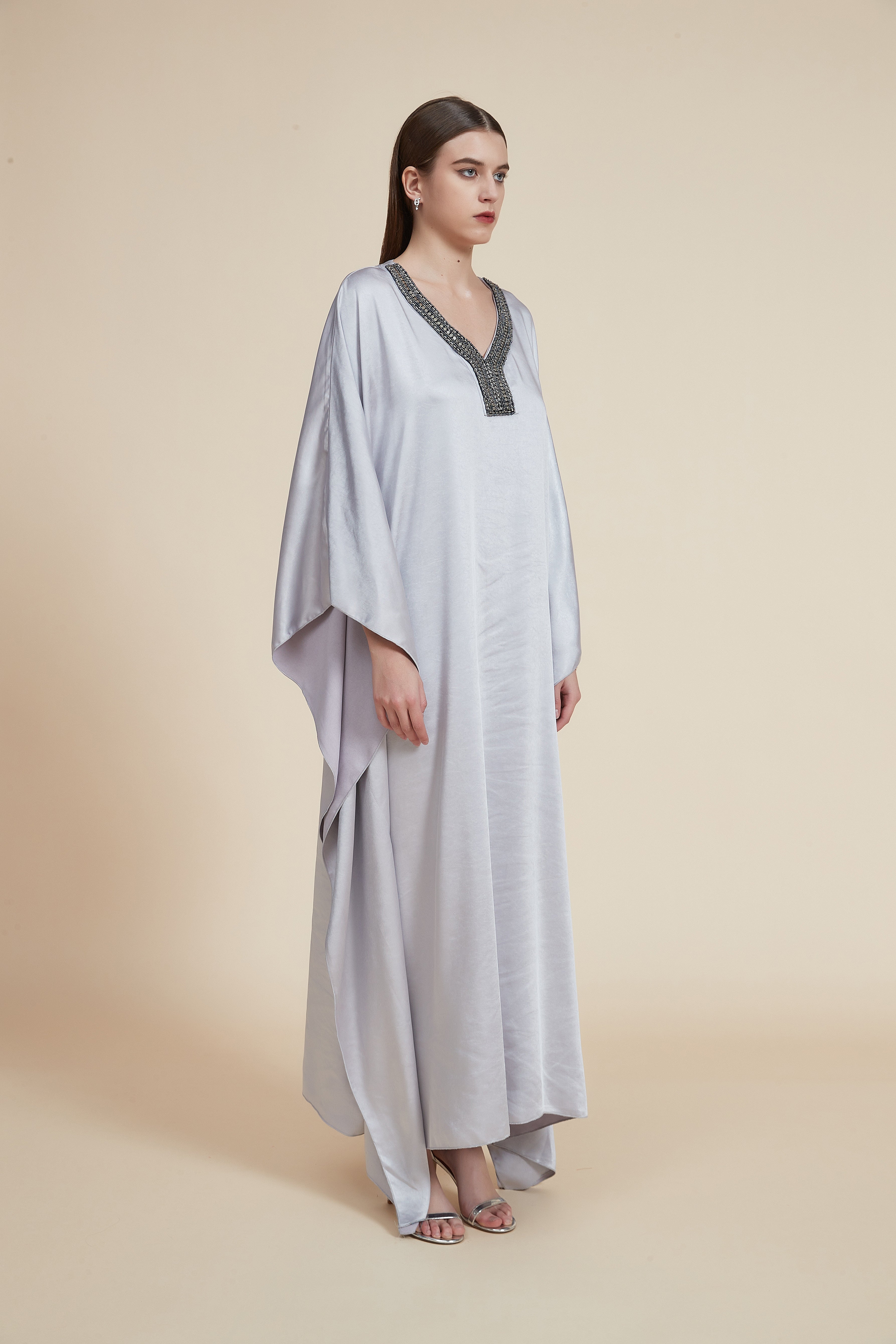 Long Dress with Long Sleeves and V-Neck