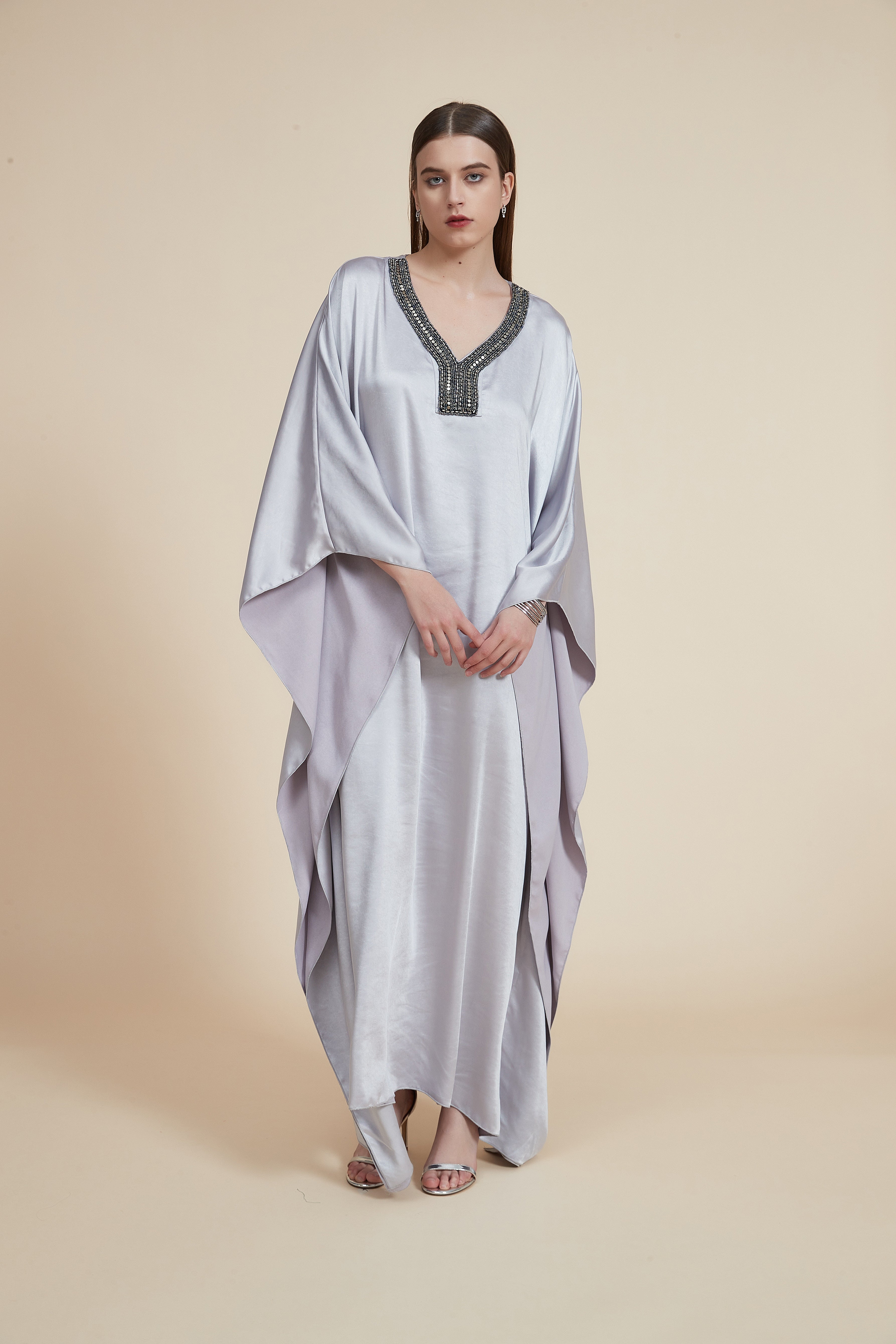 Long Dress with Long Sleeves and V-Neck