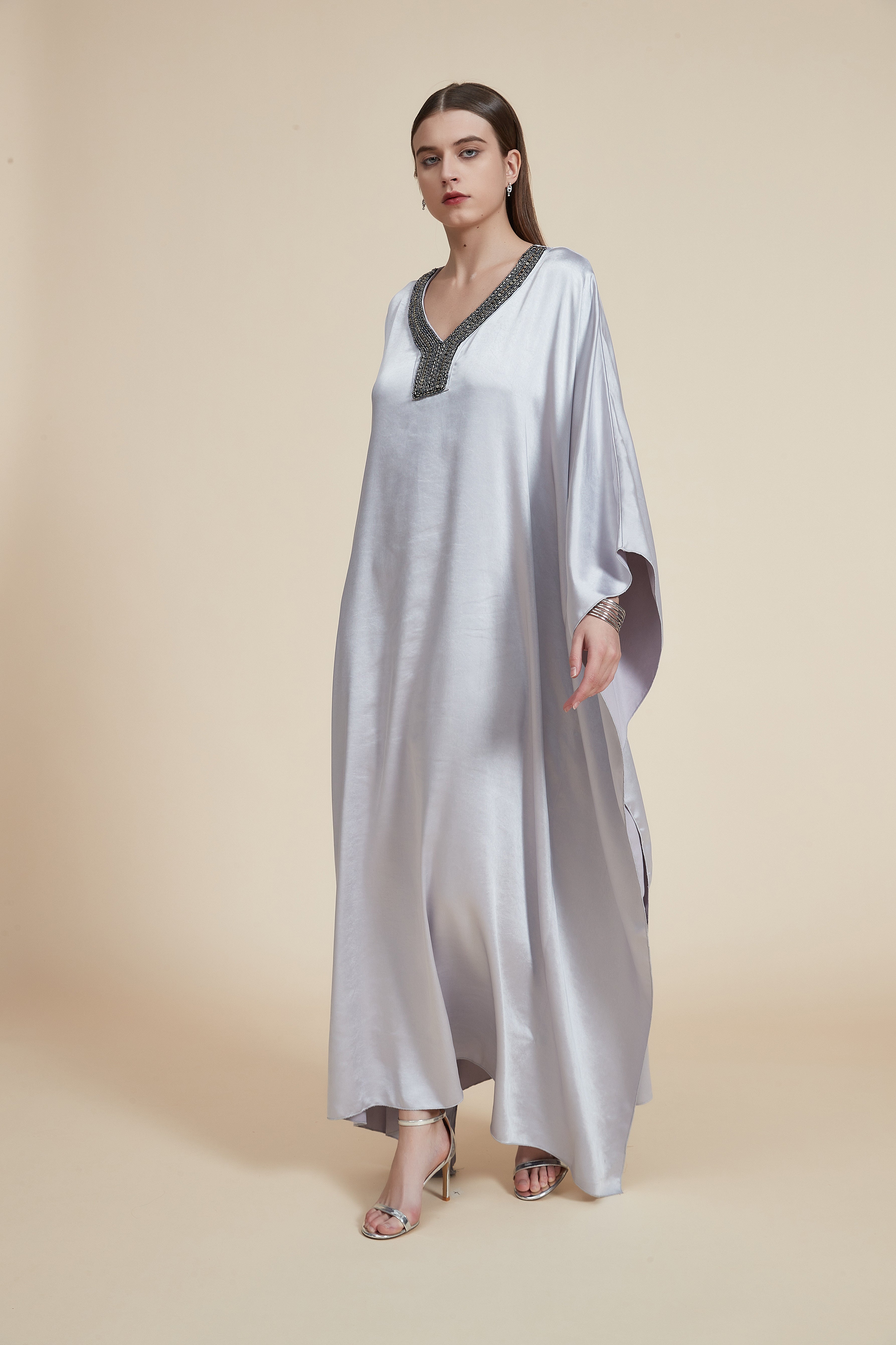 Long Dress with Long Sleeves and V-Neck