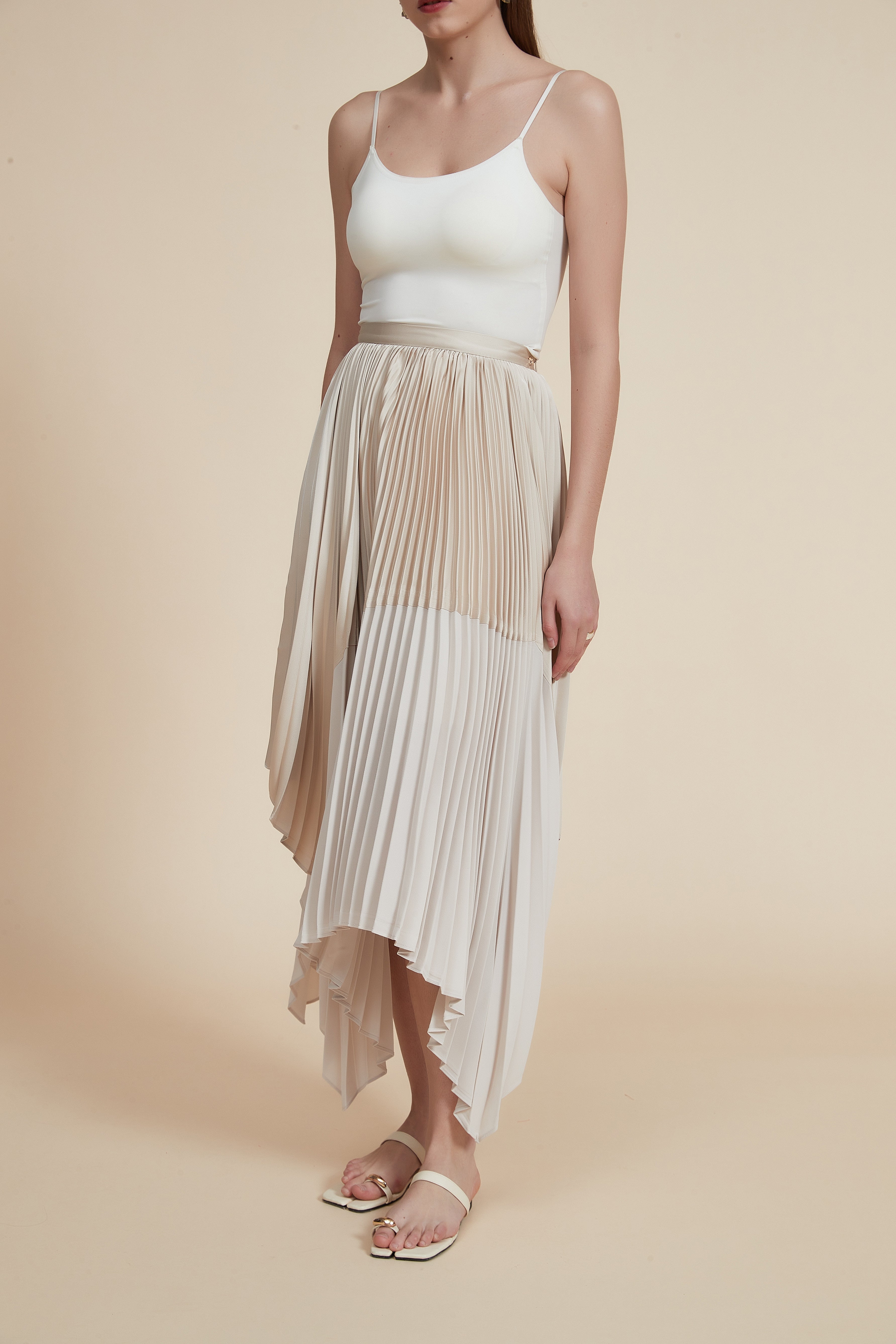 Asymmetrical High-Waisted Pleated Midi Skirt
