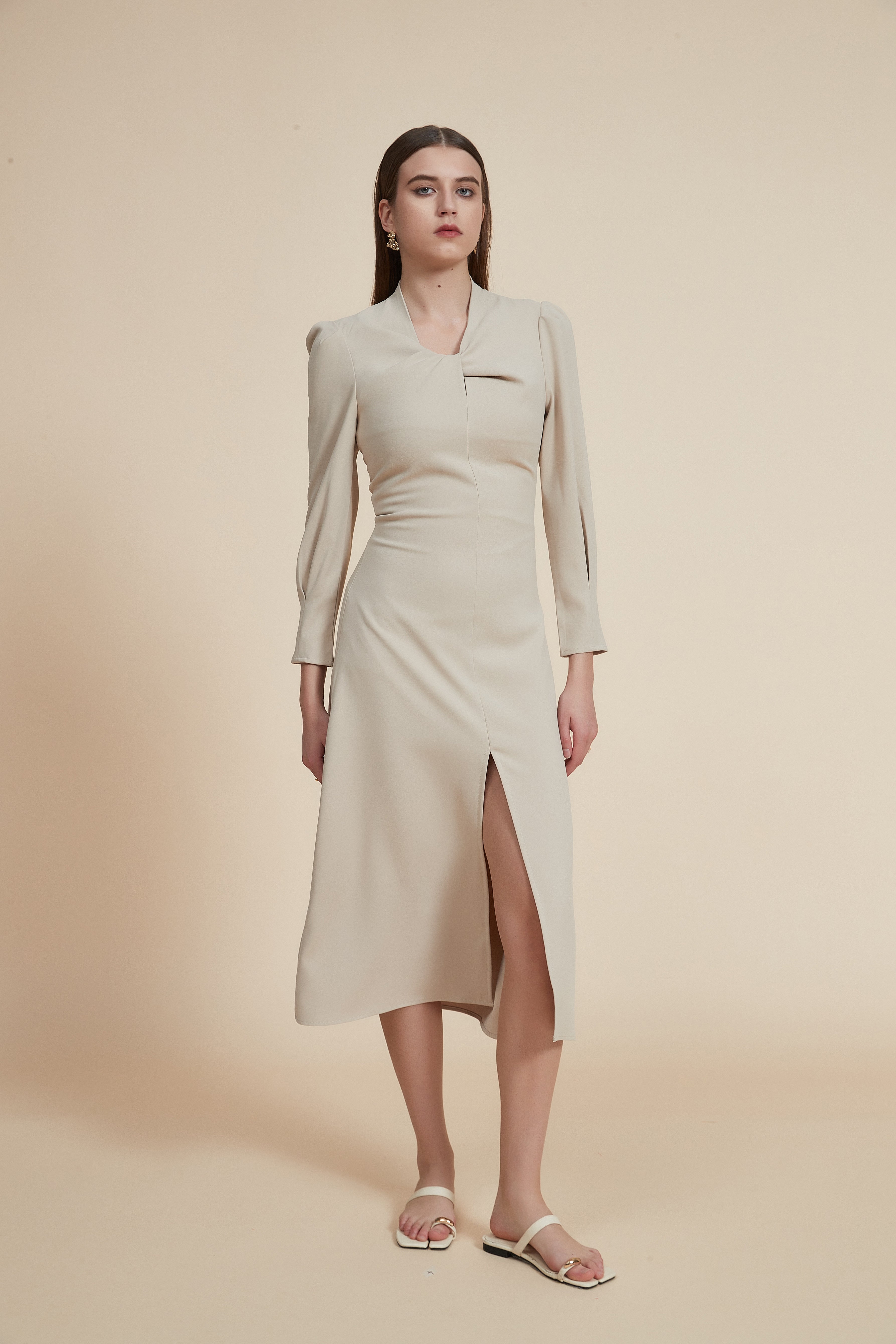 Solid Long Sleeve Midi Dress with Front Slit