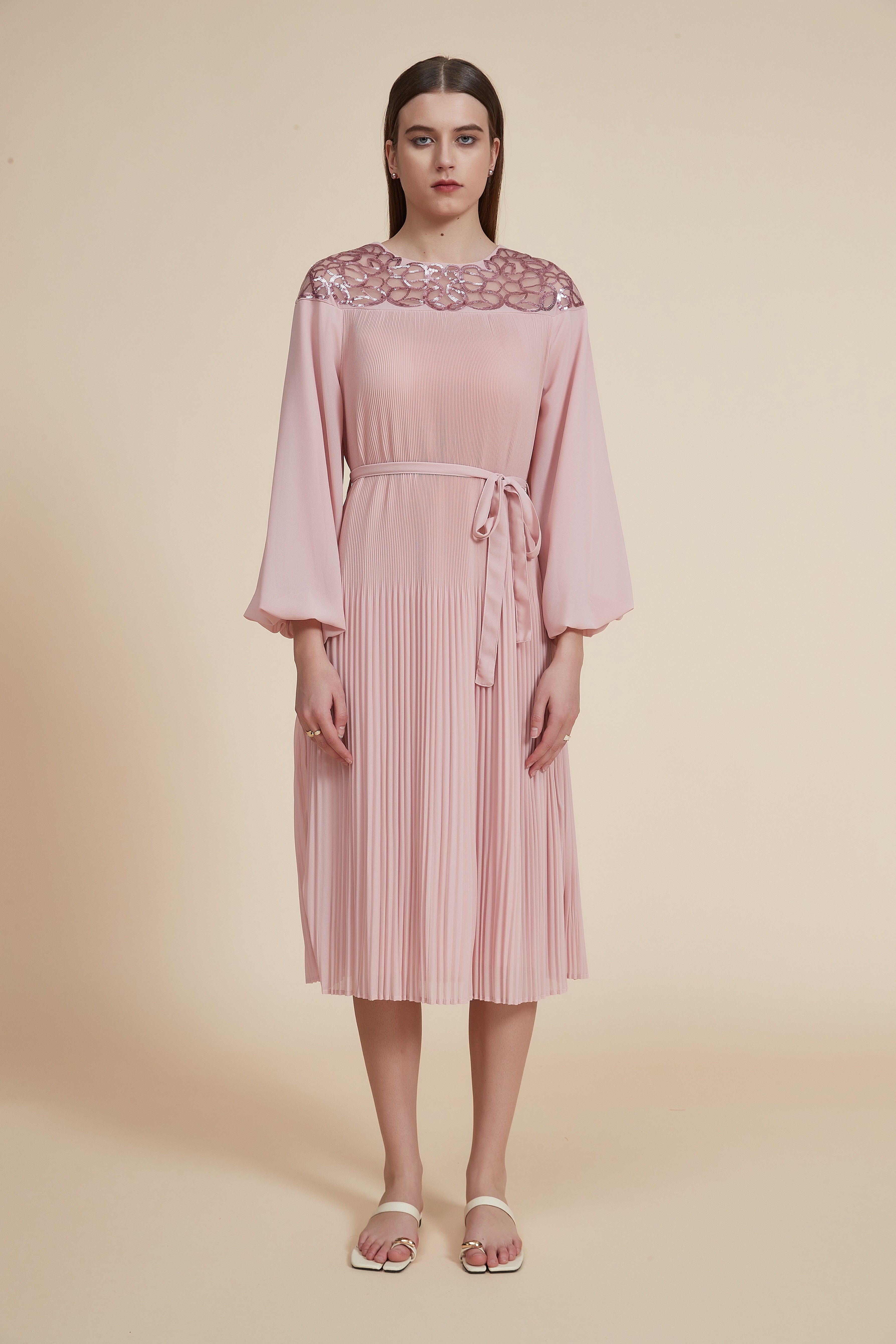 Pleated Midi Dress with Wide Long Sleeves
