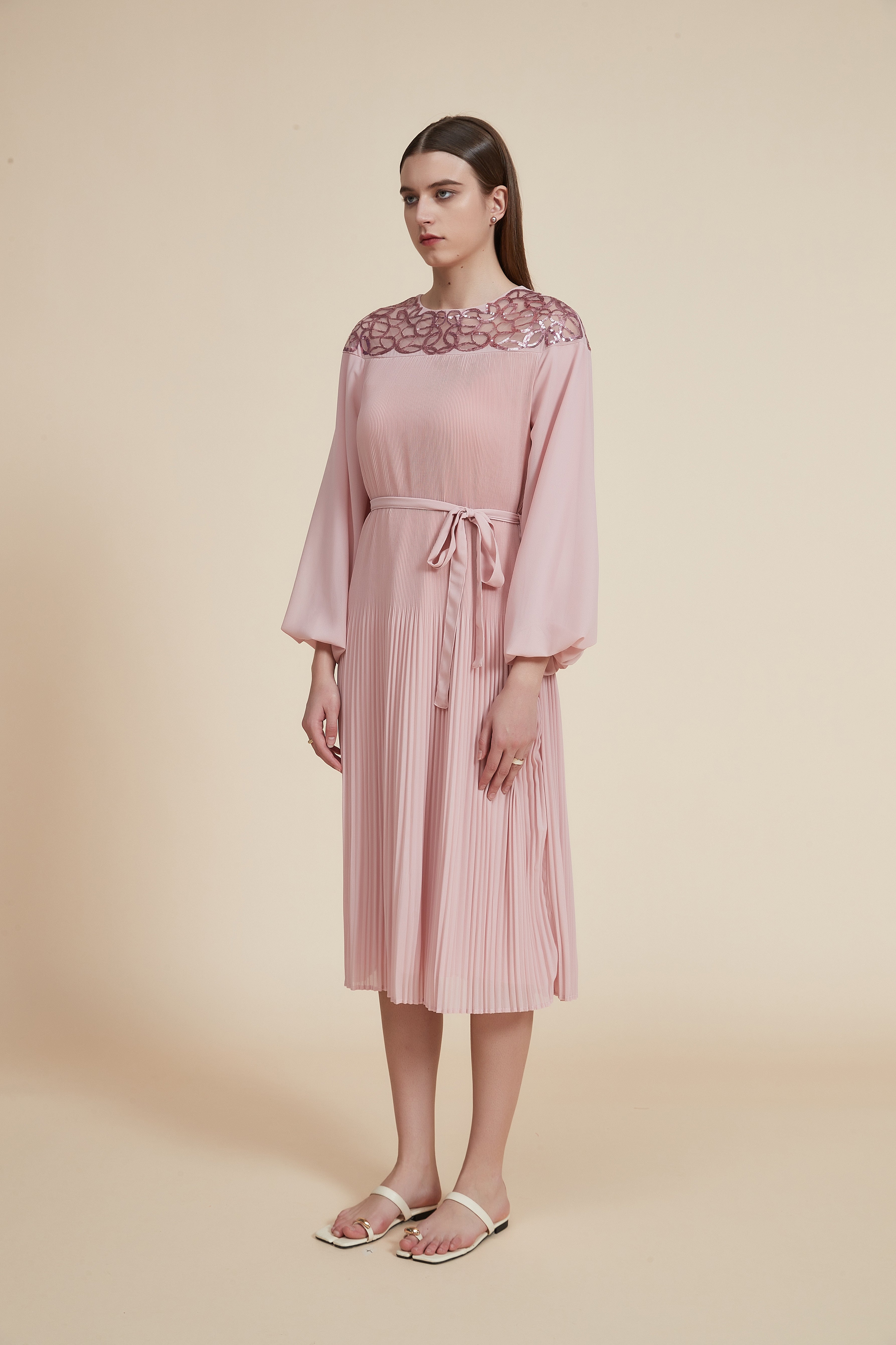 Pleated Midi Dress with Wide Long Sleeves