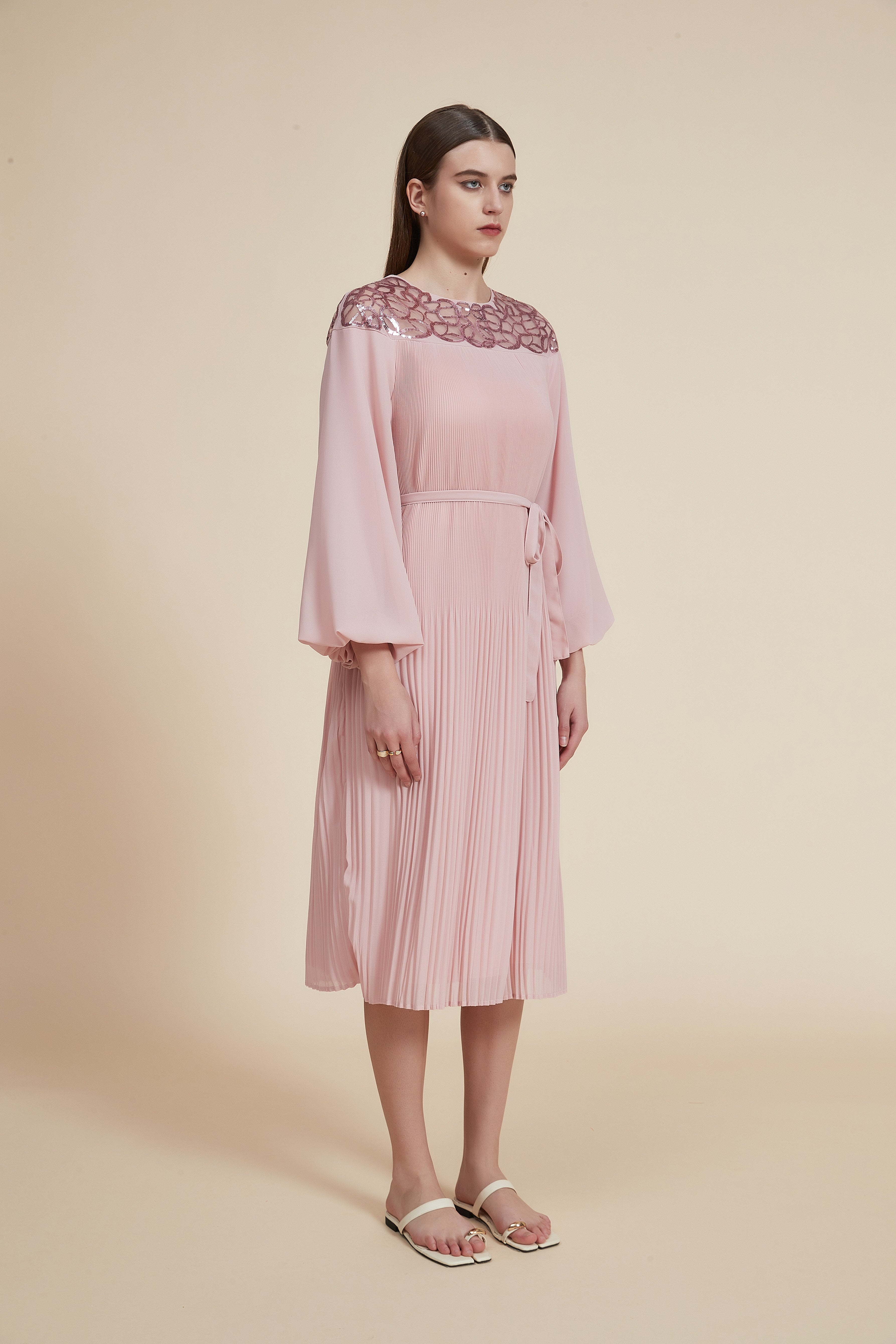 Pleated Midi Dress with Wide Long Sleeves