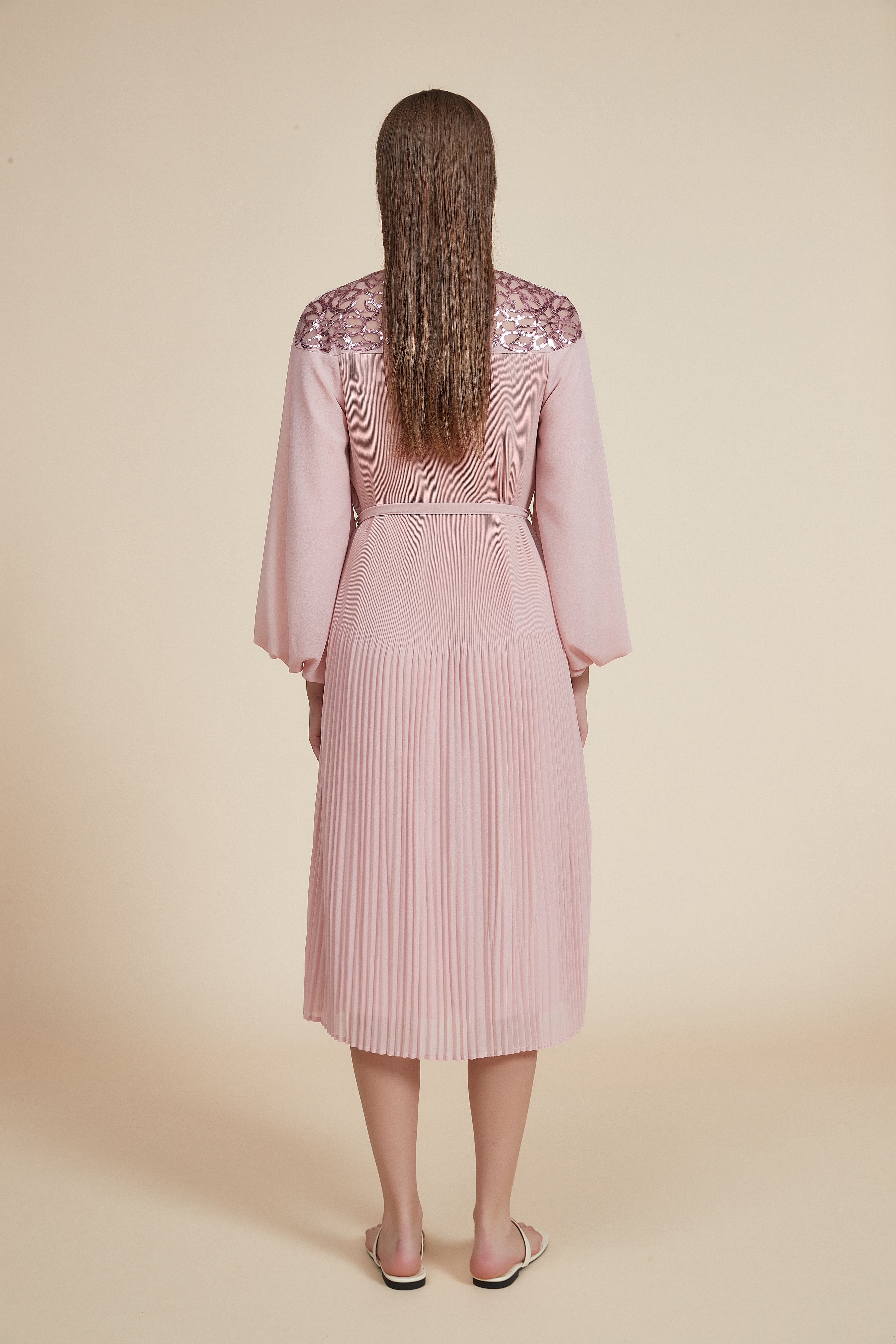 Pleated Midi Dress with Wide Long Sleeves