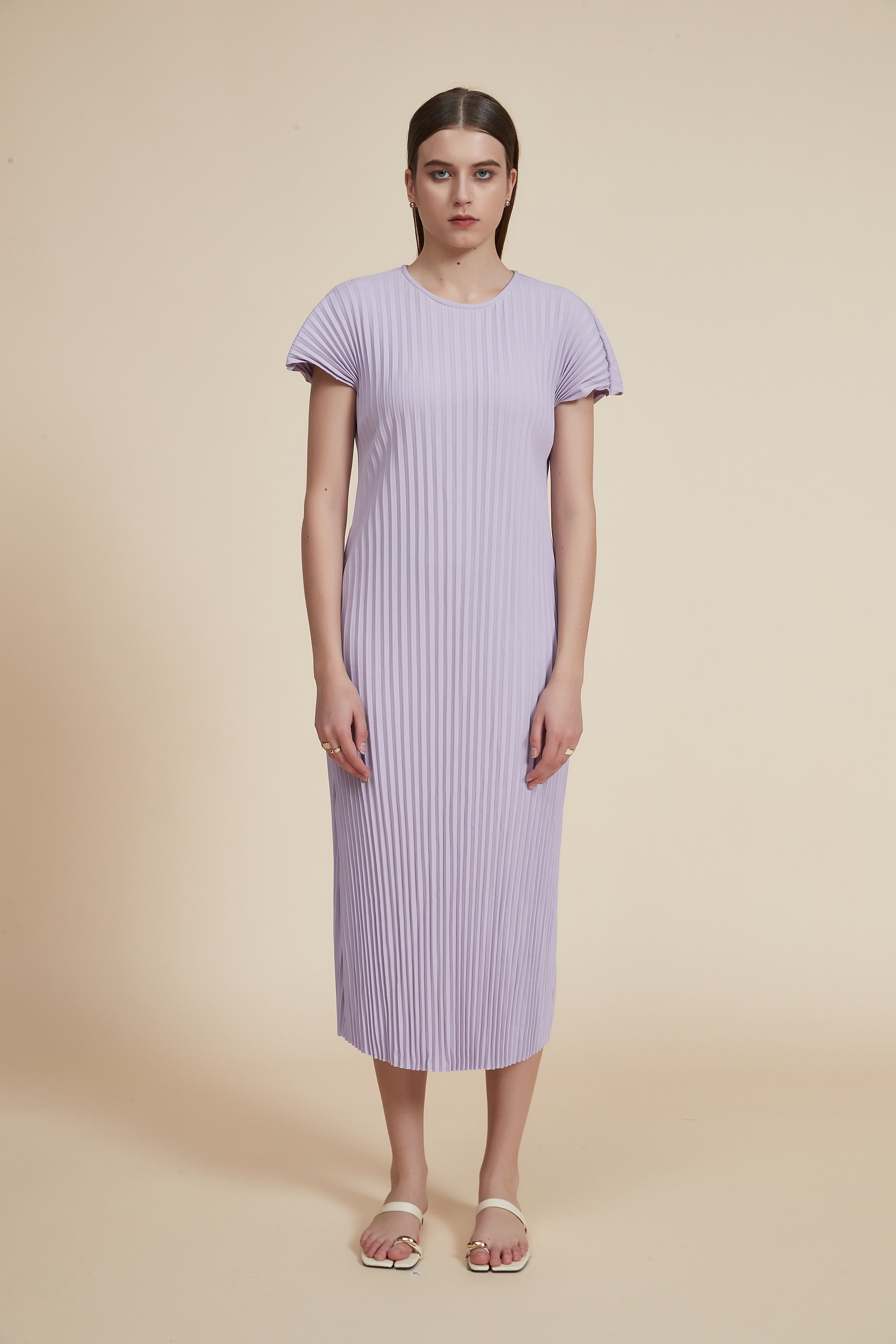 Pleated Midi Dress with Short Sleeves