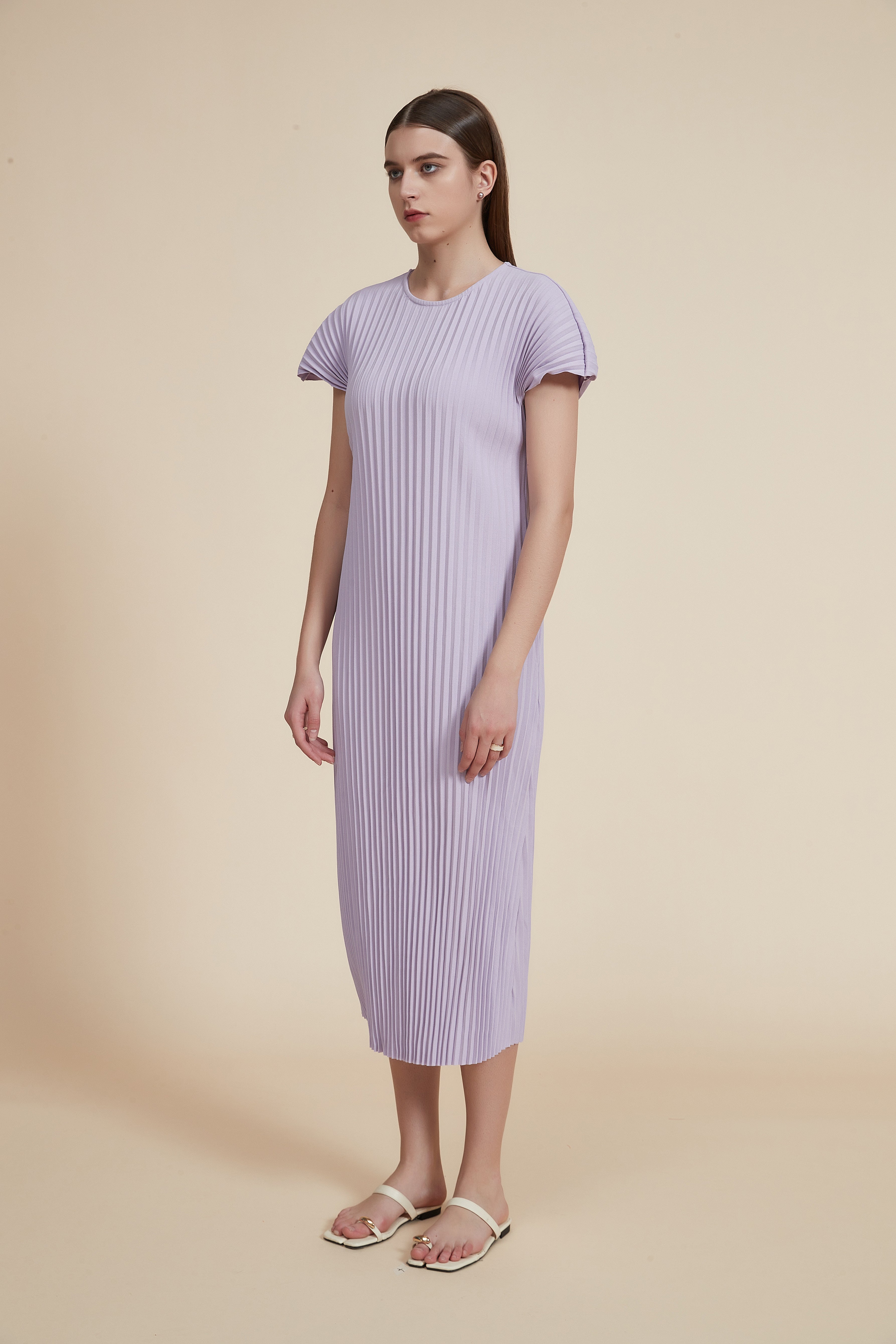 Pleated Midi Dress with Short Sleeves