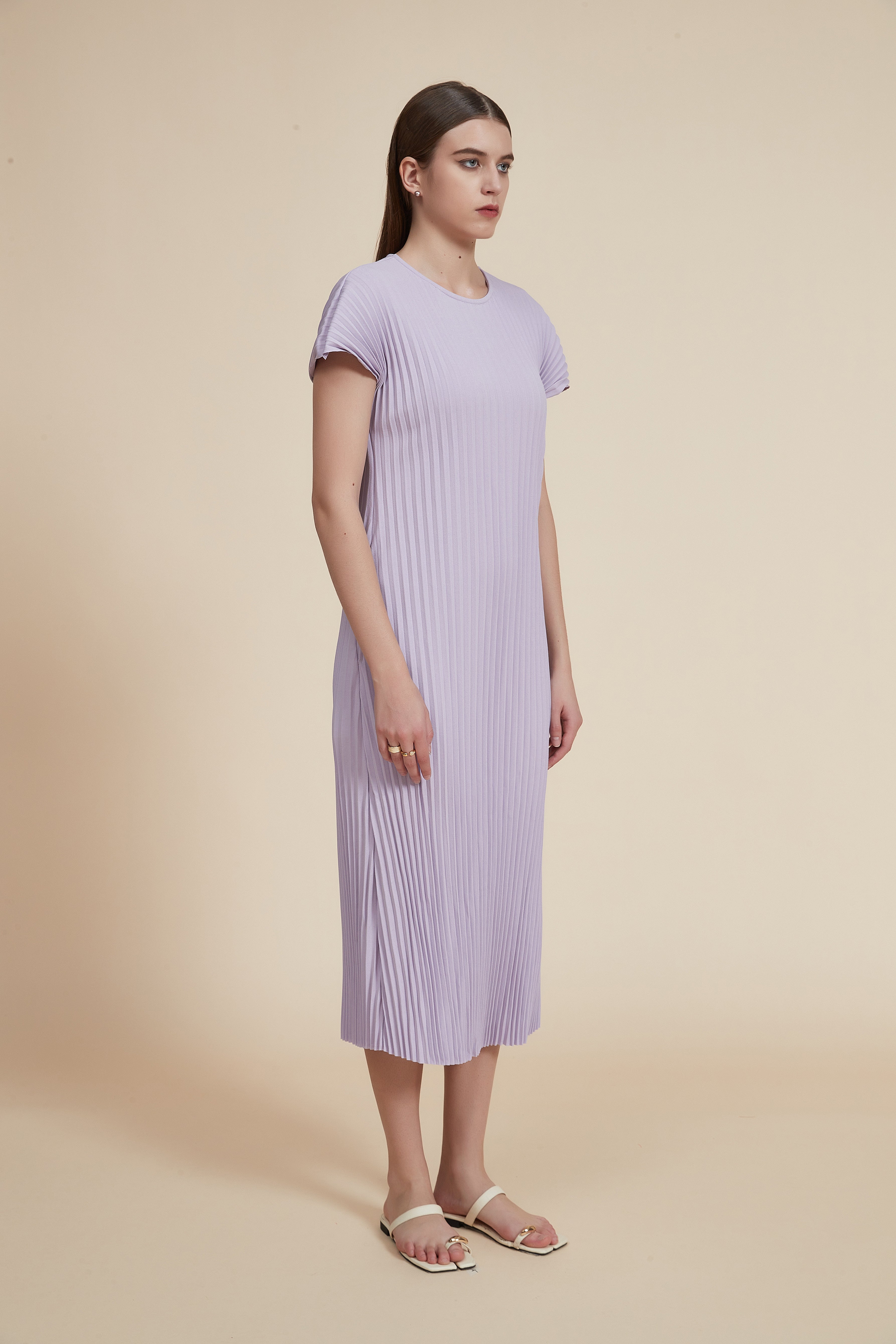 Pleated Midi Dress with Short Sleeves