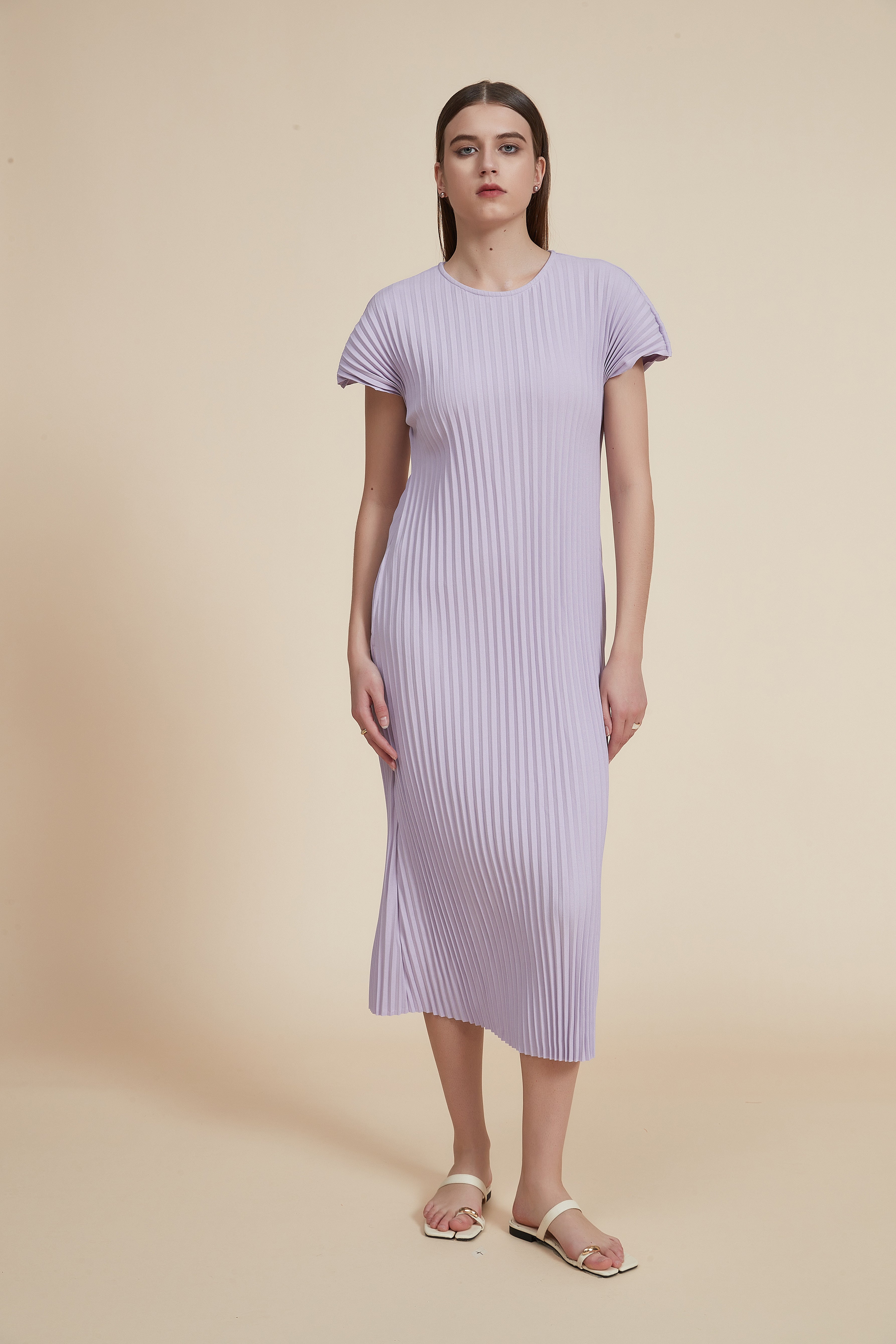 Pleated Midi Dress with Short Sleeves