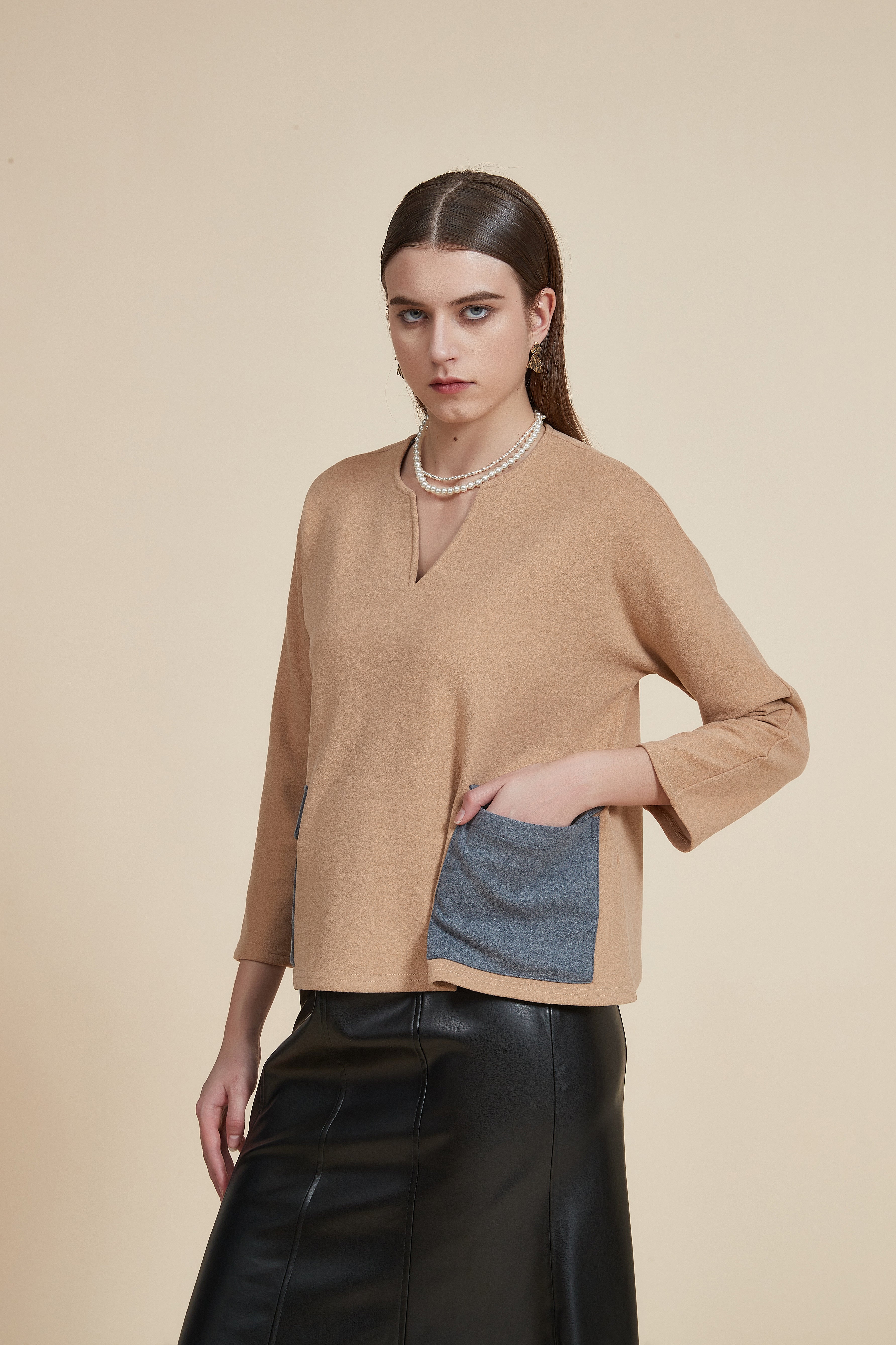 Solid V-Neck Blouse with 3/4 Sleeves