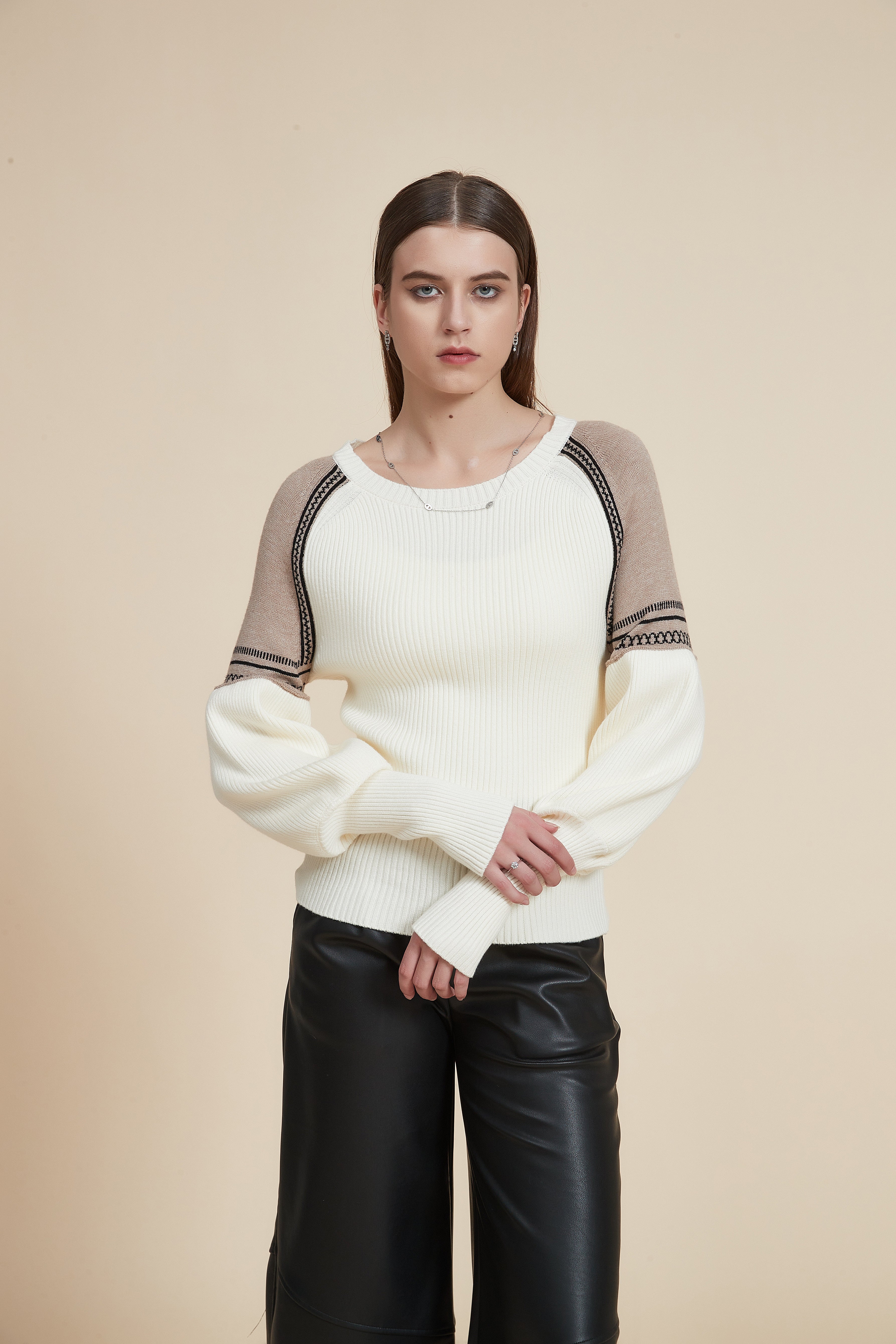 Ribbed long-sleeve puff T-shirt