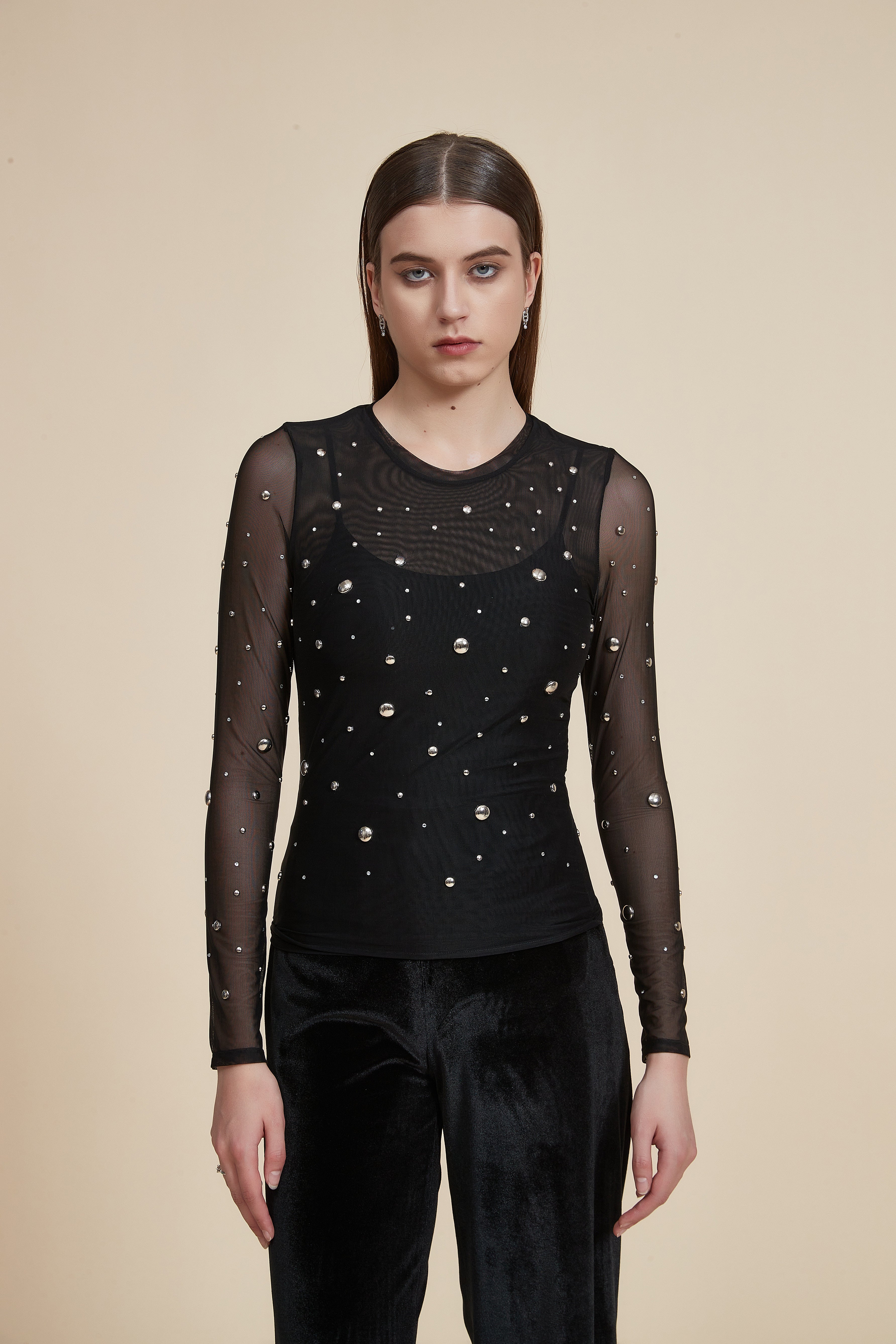 Embroidered Metallic Waist-Length Tulle Blouse with Long Sleeves