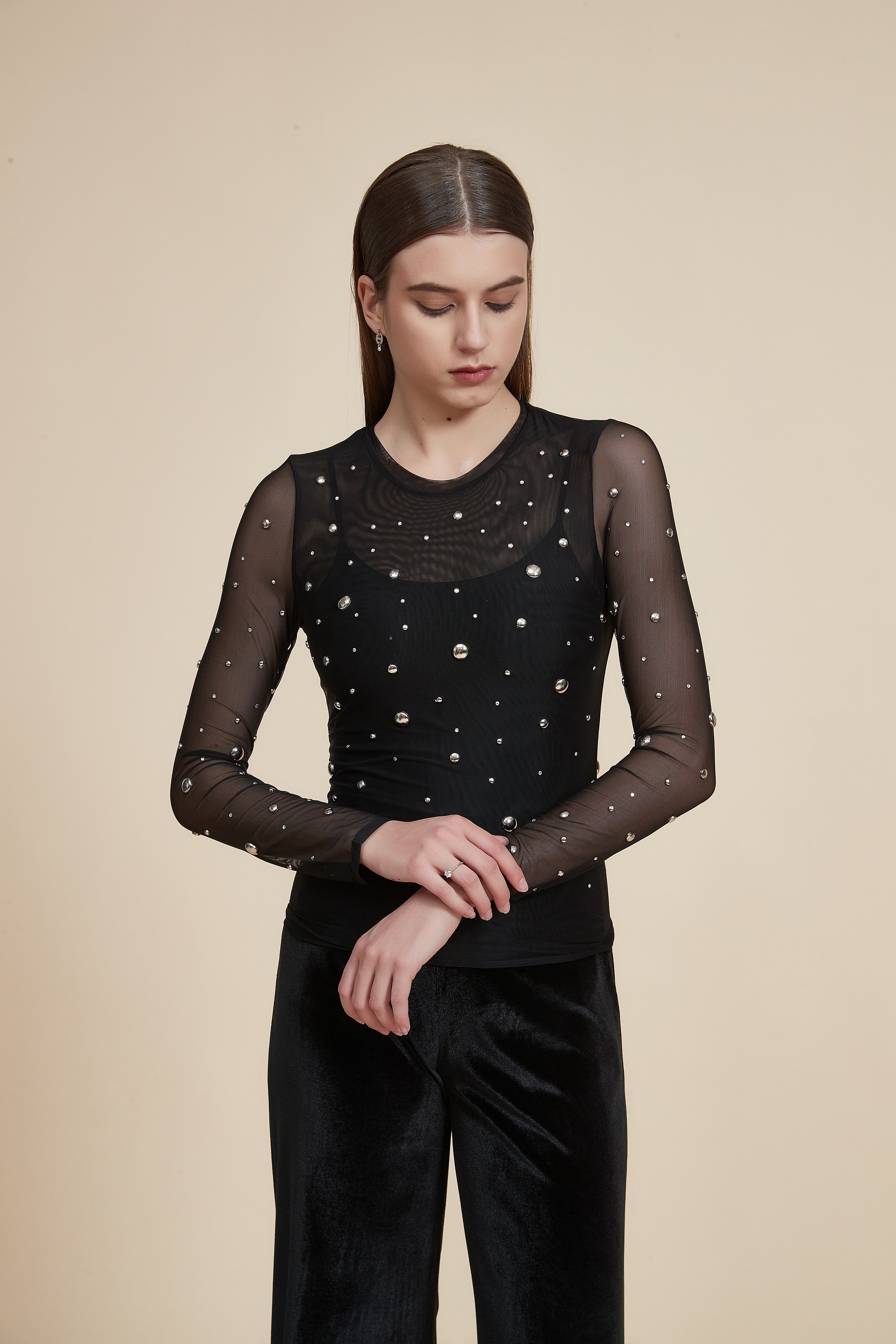 Embroidered Metallic Waist-Length Tulle Blouse with Long Sleeves