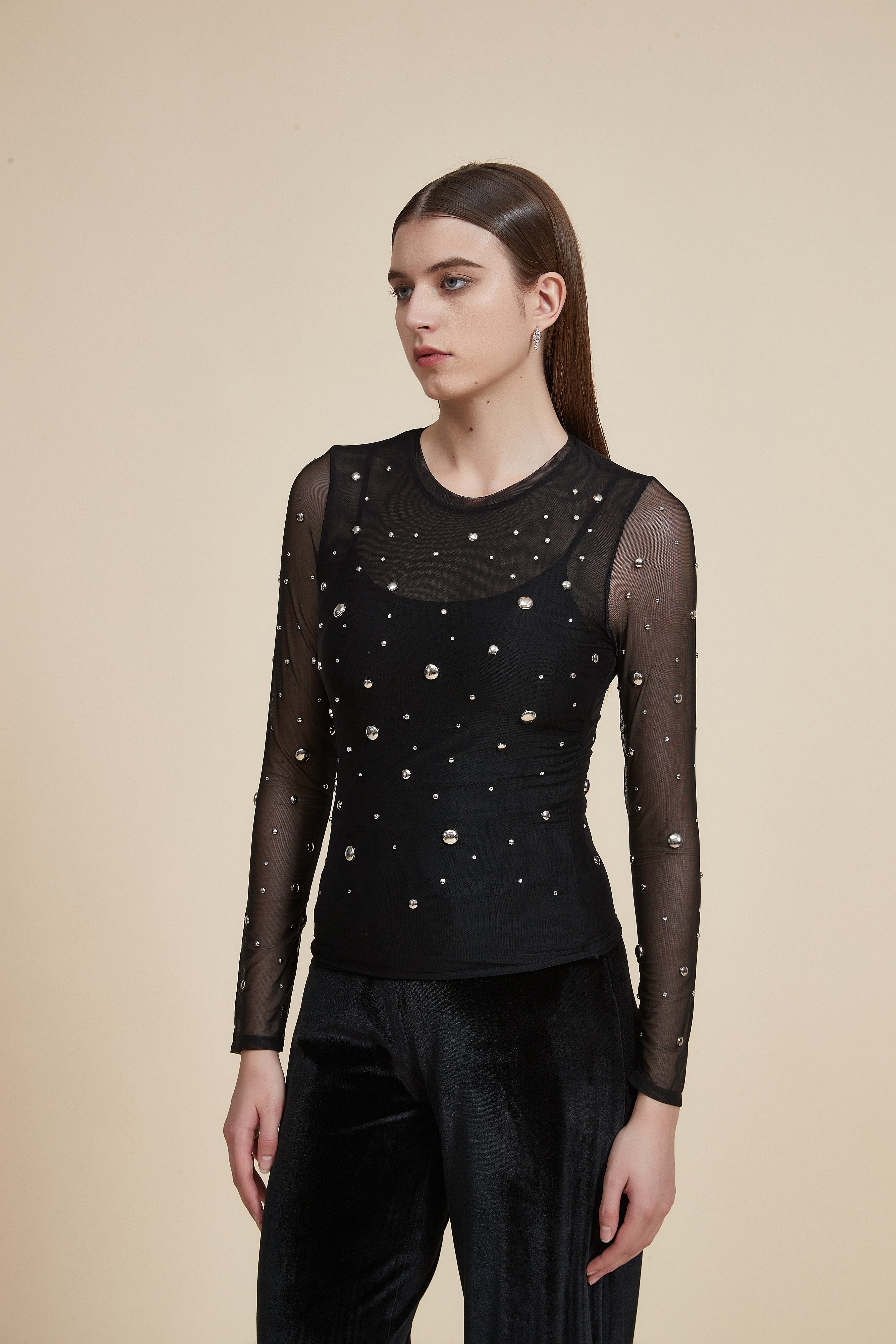 Embroidered Metallic Waist-Length Tulle Blouse with Long Sleeves