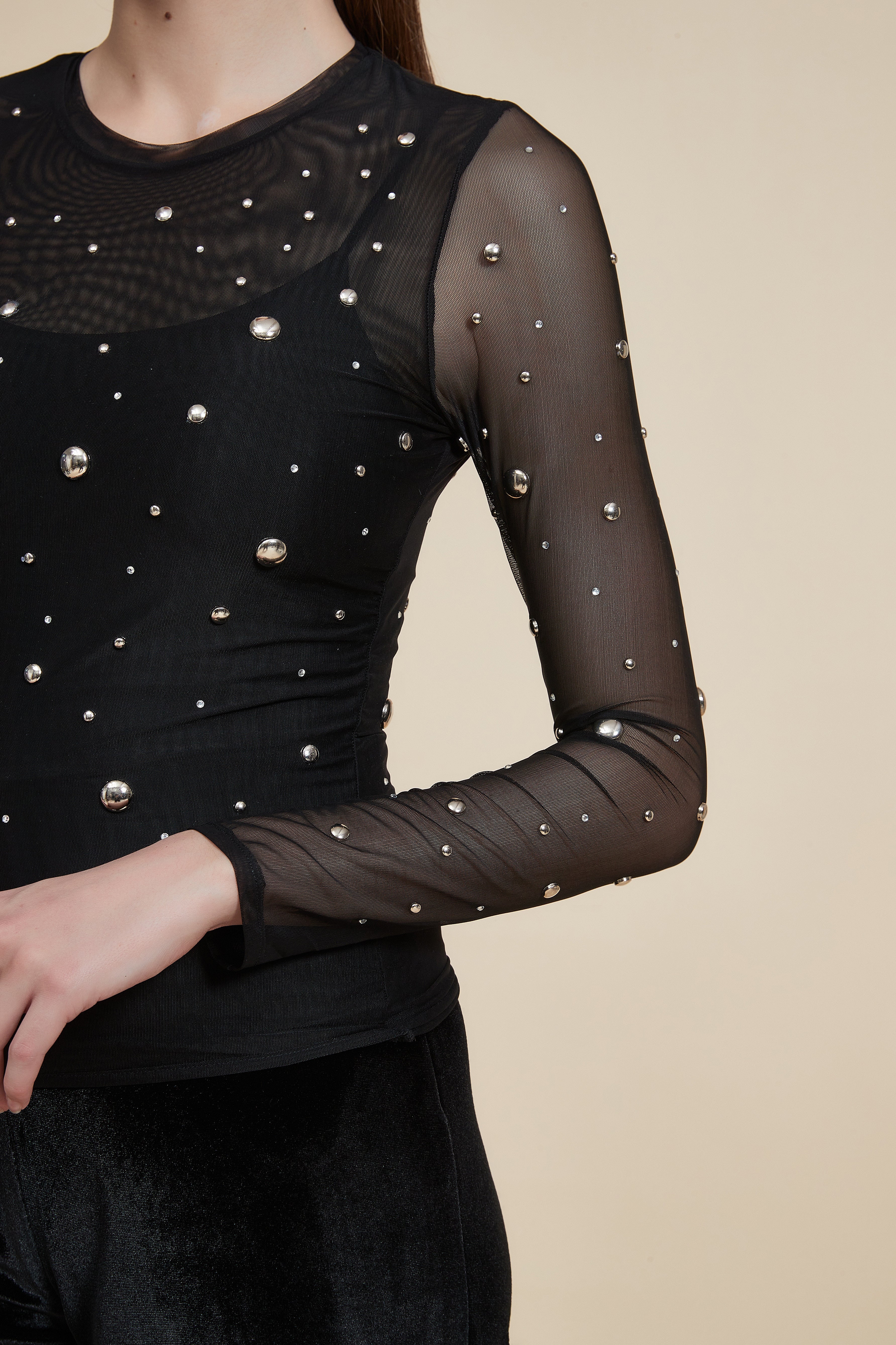 Embroidered Metallic Waist-Length Tulle Blouse with Long Sleeves