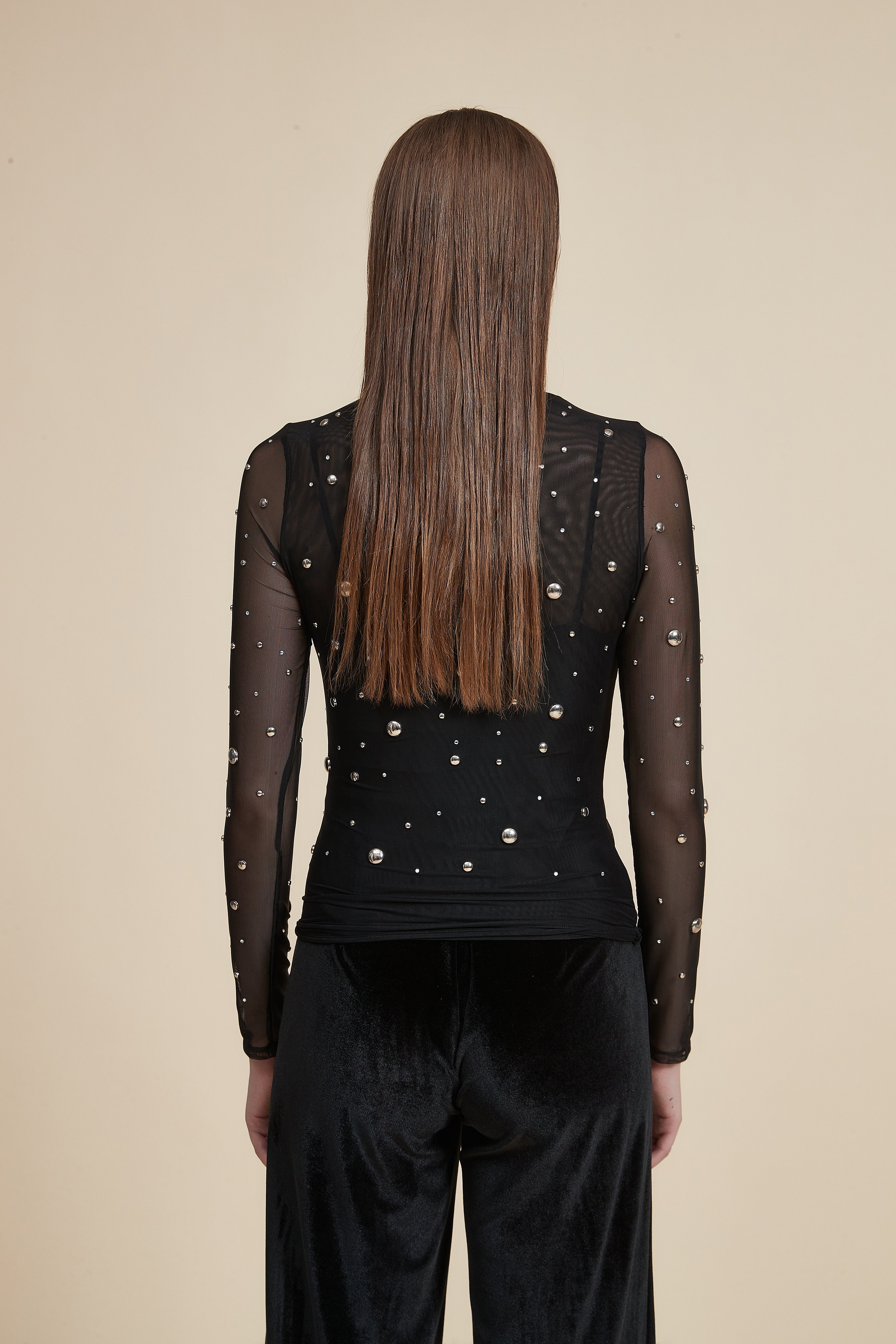 Embroidered Metallic Waist-Length Tulle Blouse with Long Sleeves