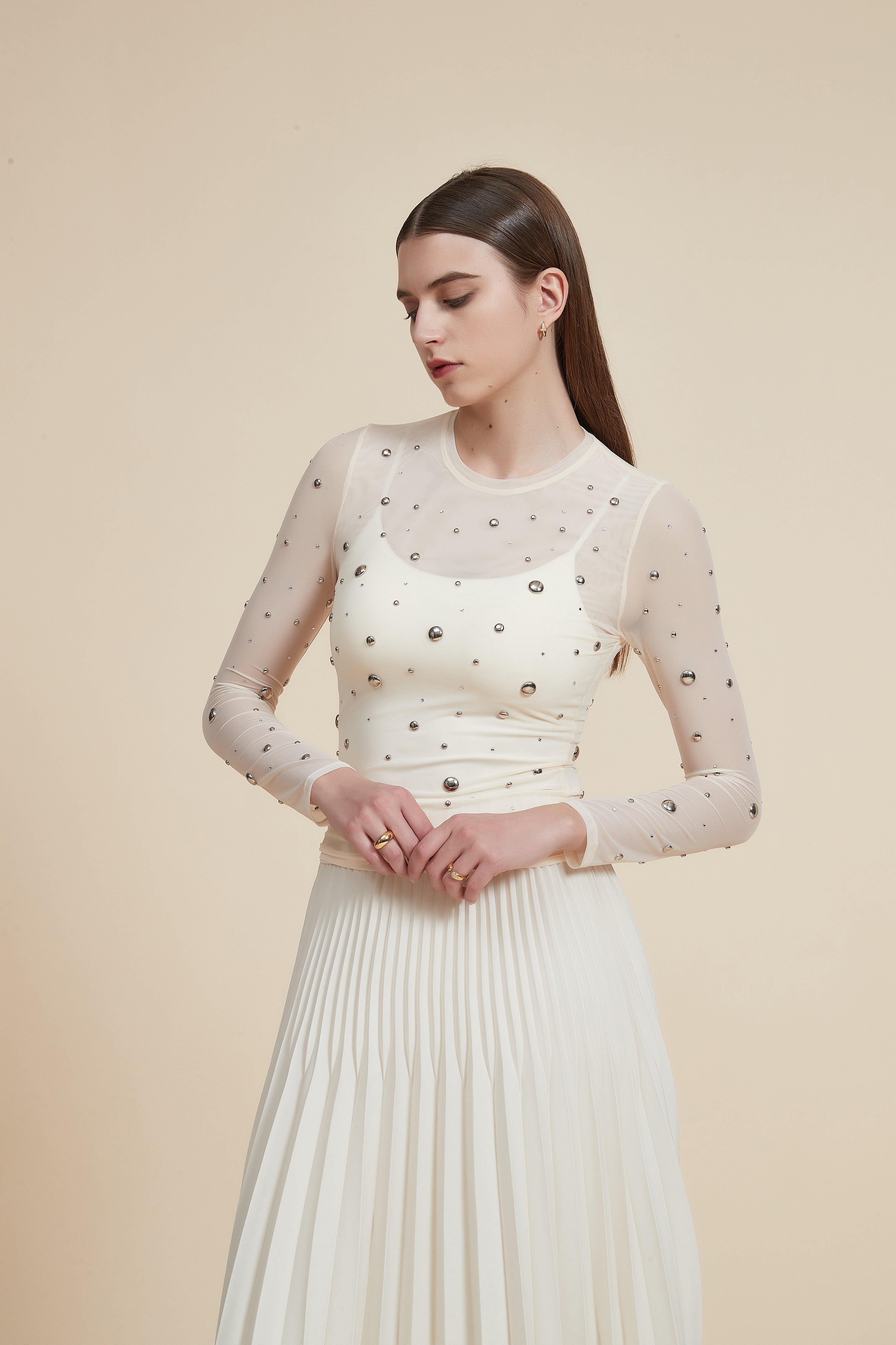 Embroidered Metallic Waist-Length Tulle Blouse with Long Sleeves