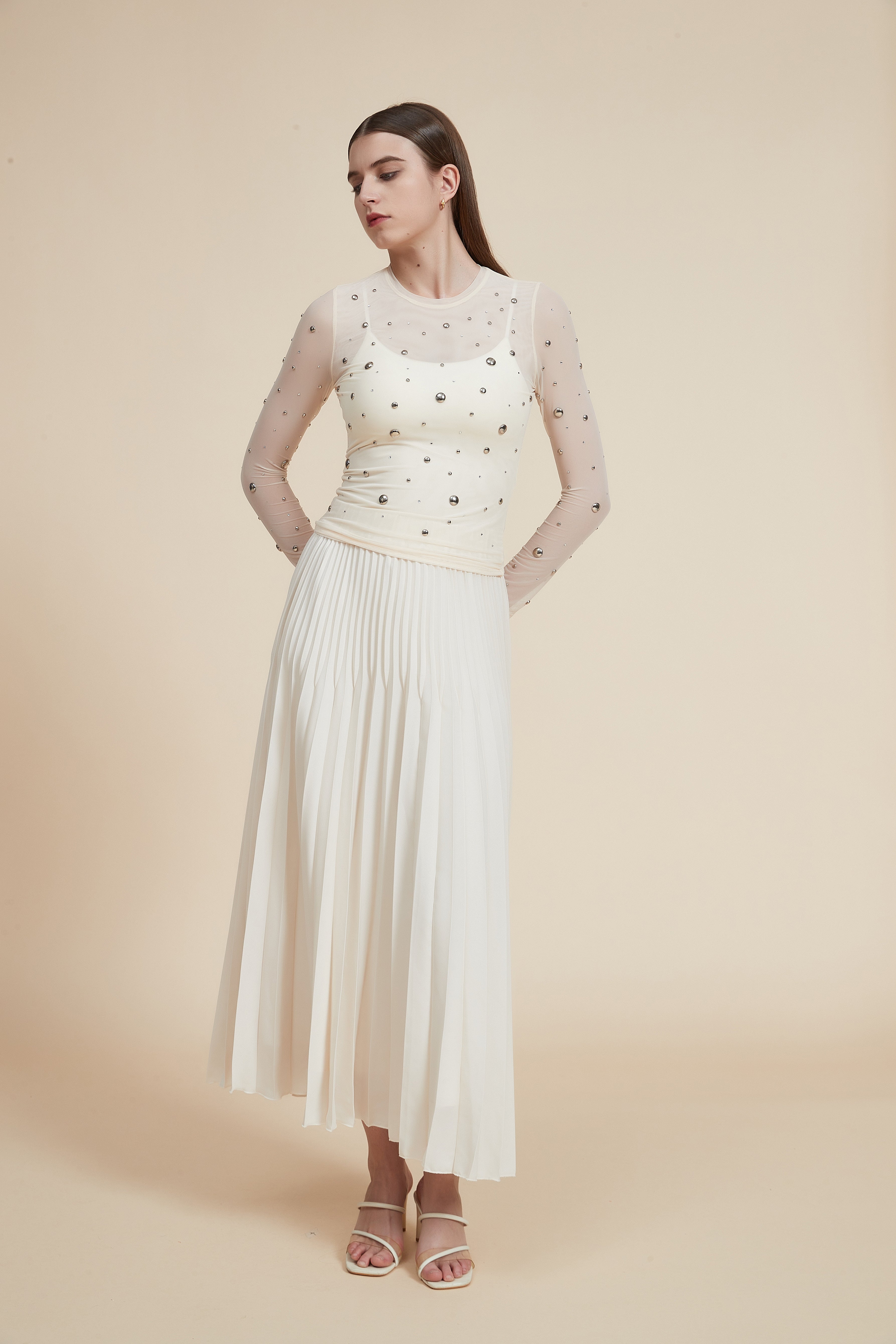 Embroidered Metallic Waist-Length Tulle Blouse with Long Sleeves