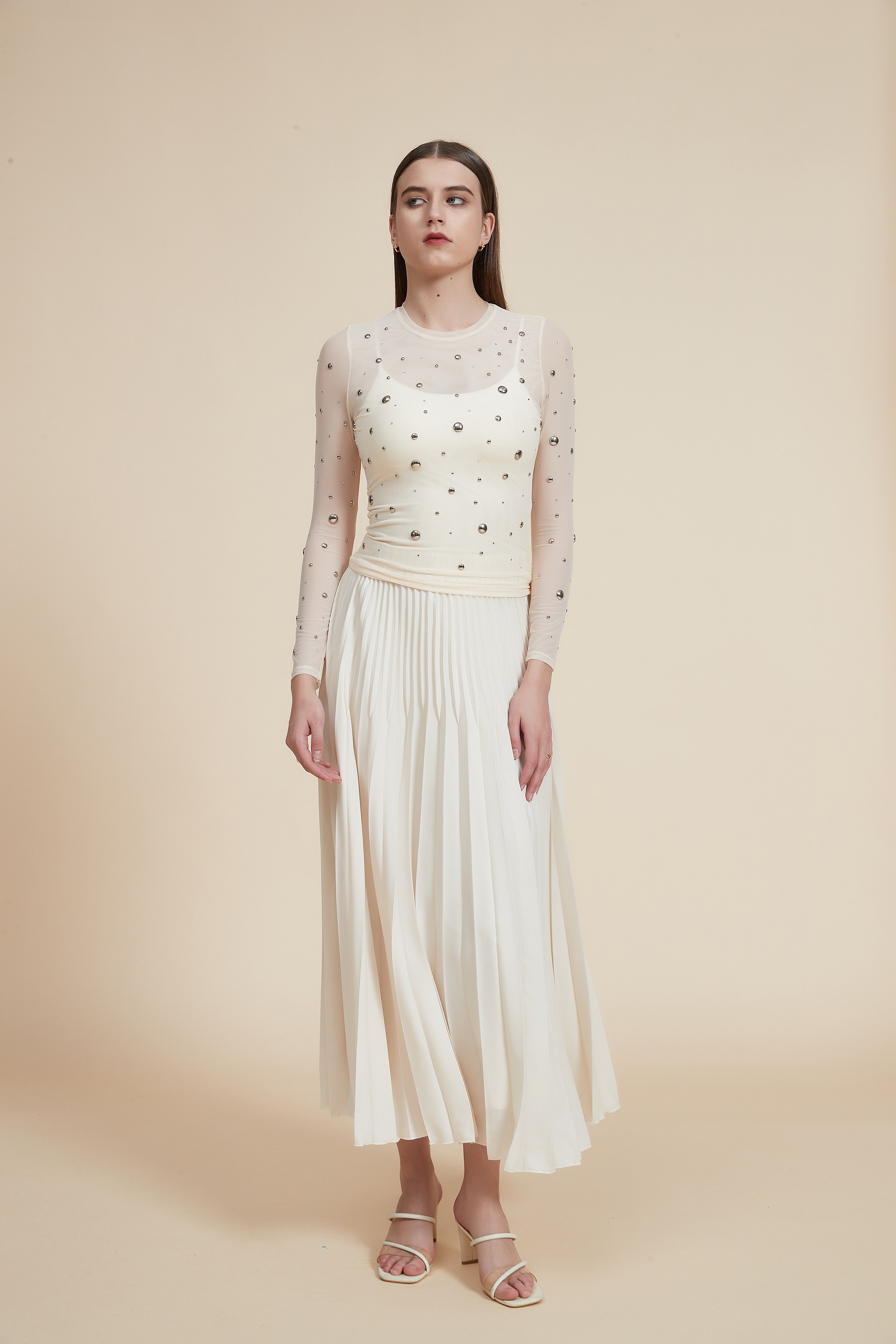 Embroidered Metallic Waist-Length Tulle Blouse with Long Sleeves