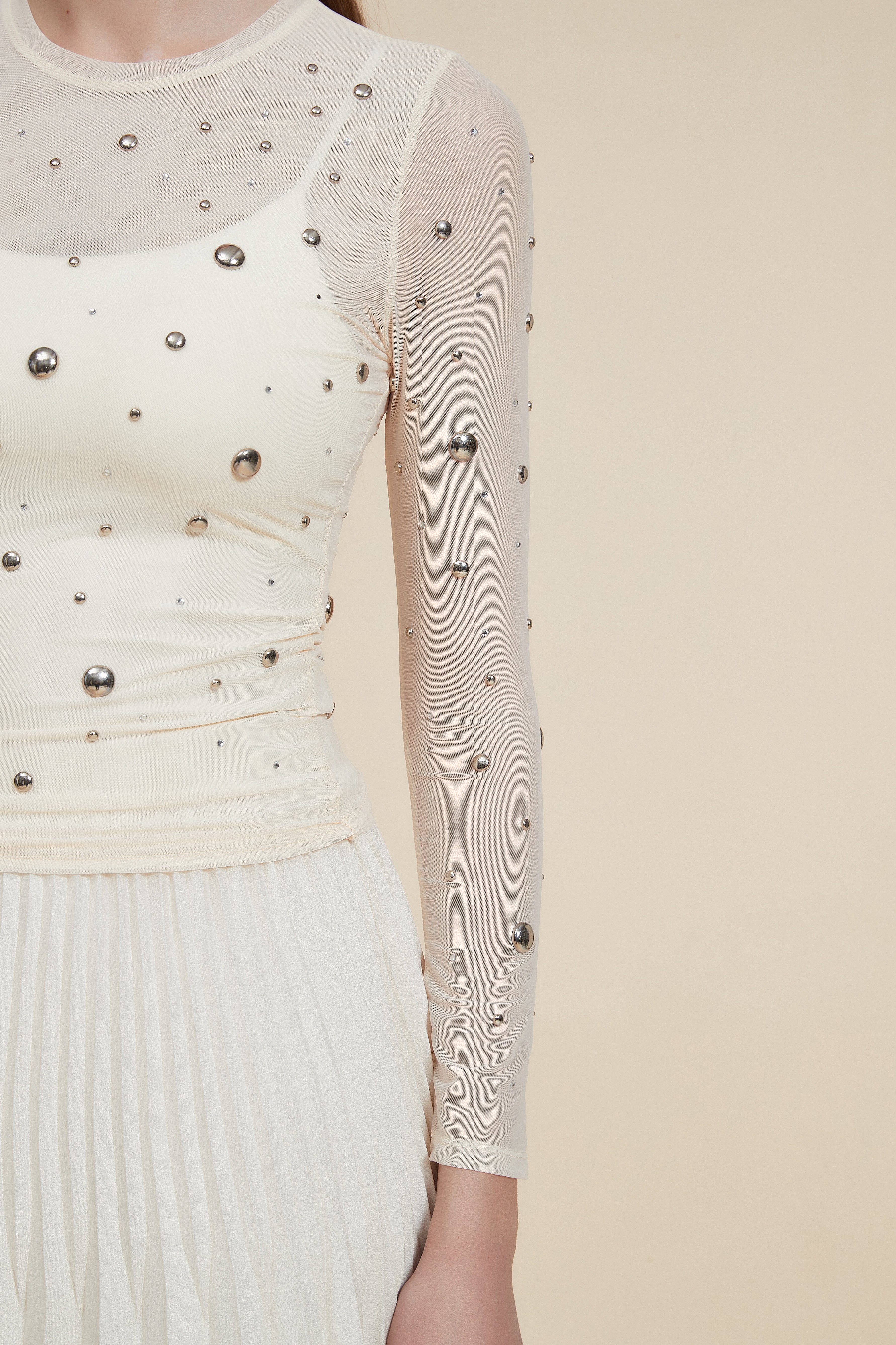 Embroidered Metallic Waist-Length Tulle Blouse with Long Sleeves