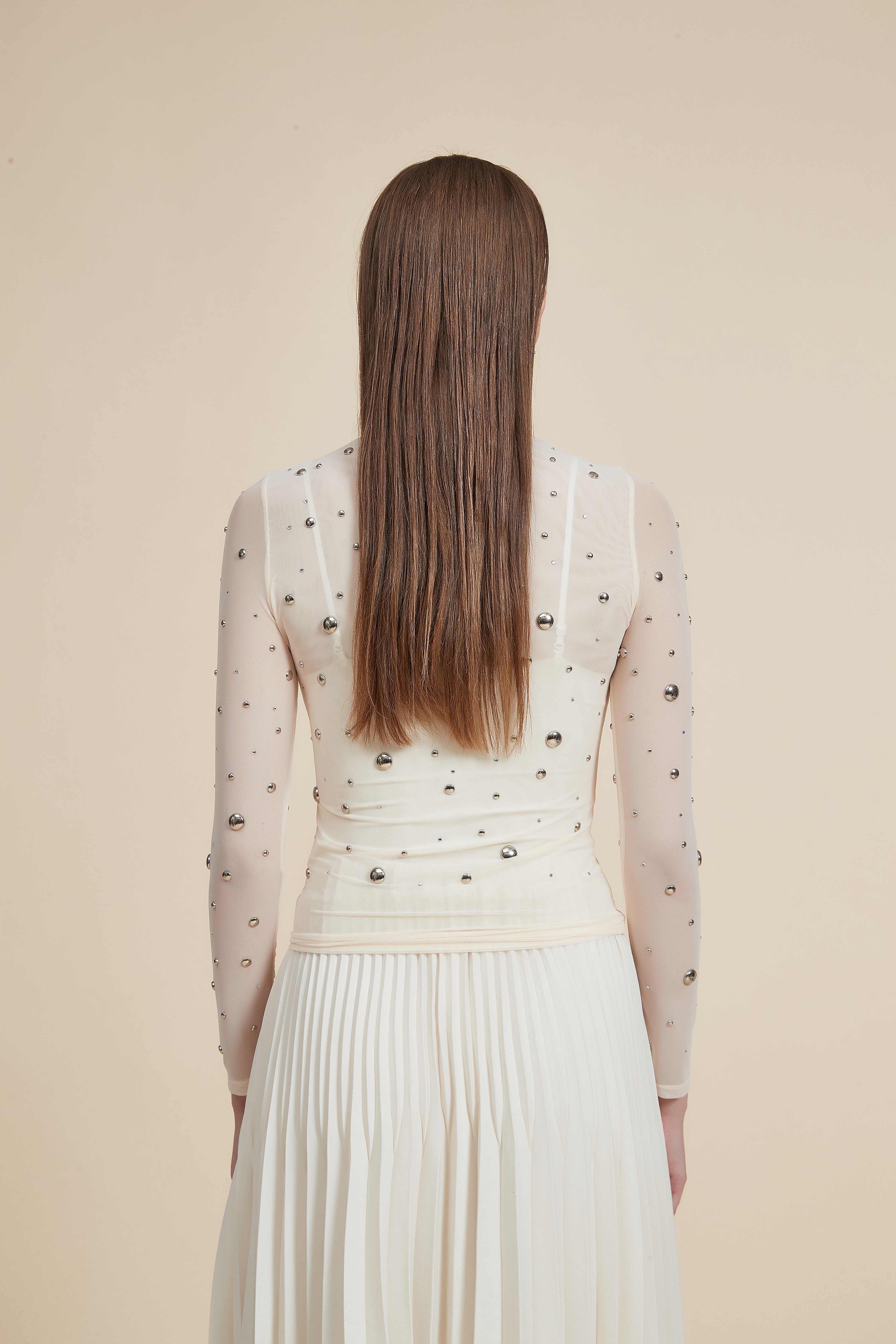 Embroidered Metallic Waist-Length Tulle Blouse with Long Sleeves